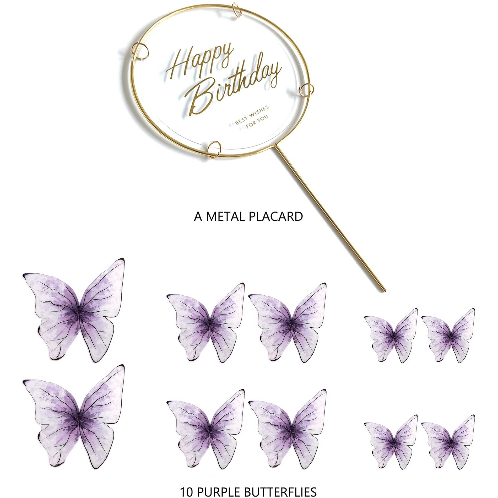 11-Pieces Purple Butterfly Cake Toppers Happy Birthday Metal Gold Happy Birthday Cake Topper Butterfly Birthday Cake Decorations Cake Butterfly Party Decorations