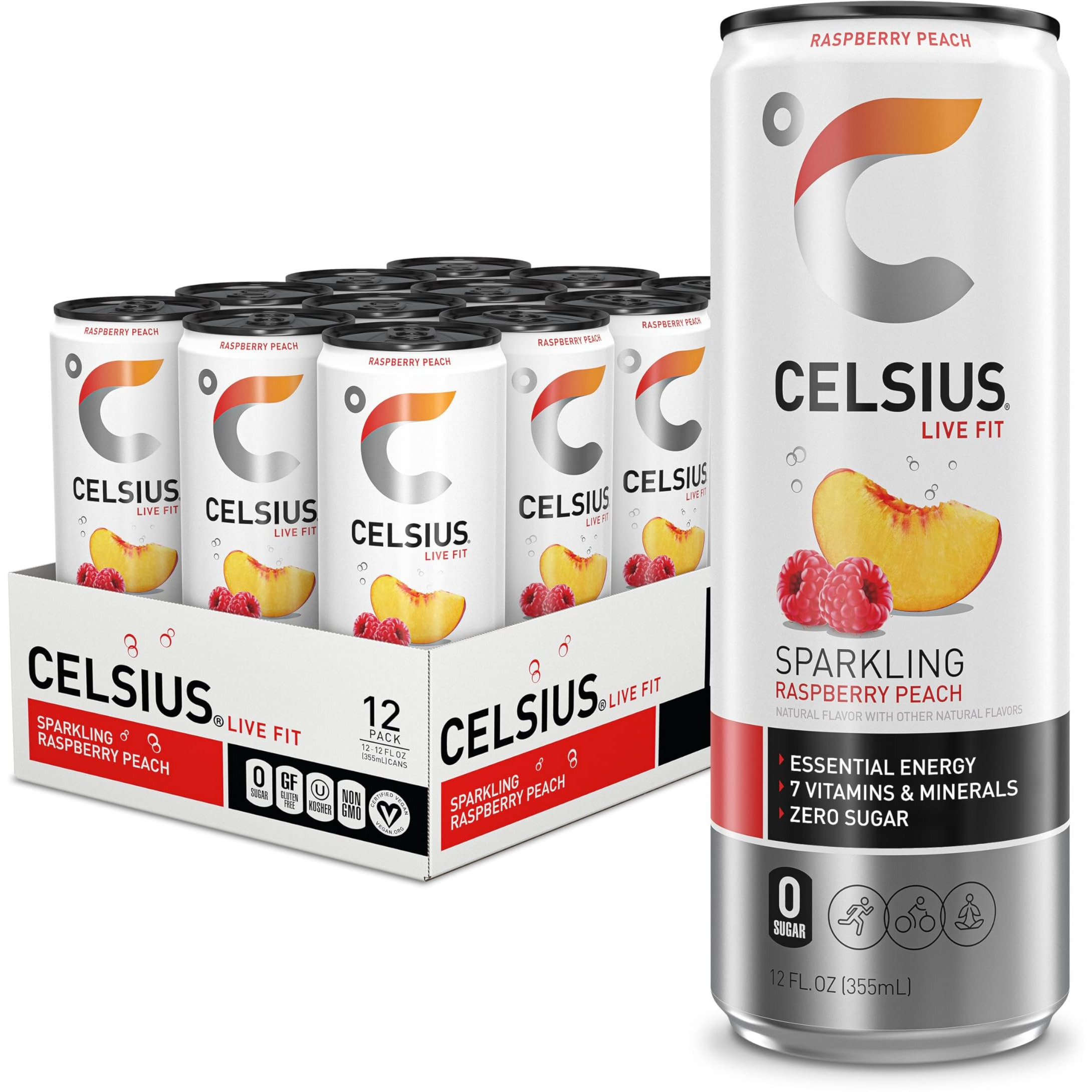 Celsius Sparkling Raspberry Peach, Functional Essential Energy Drink 12 Fl Oz (Pack Of 12)