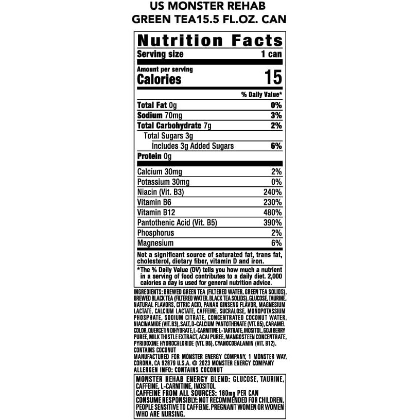 Monster Energy Rehab Green Tea + Energy, Energy Iced Tea, Energy Drink 15.5 Ounce (Pack Of 15)