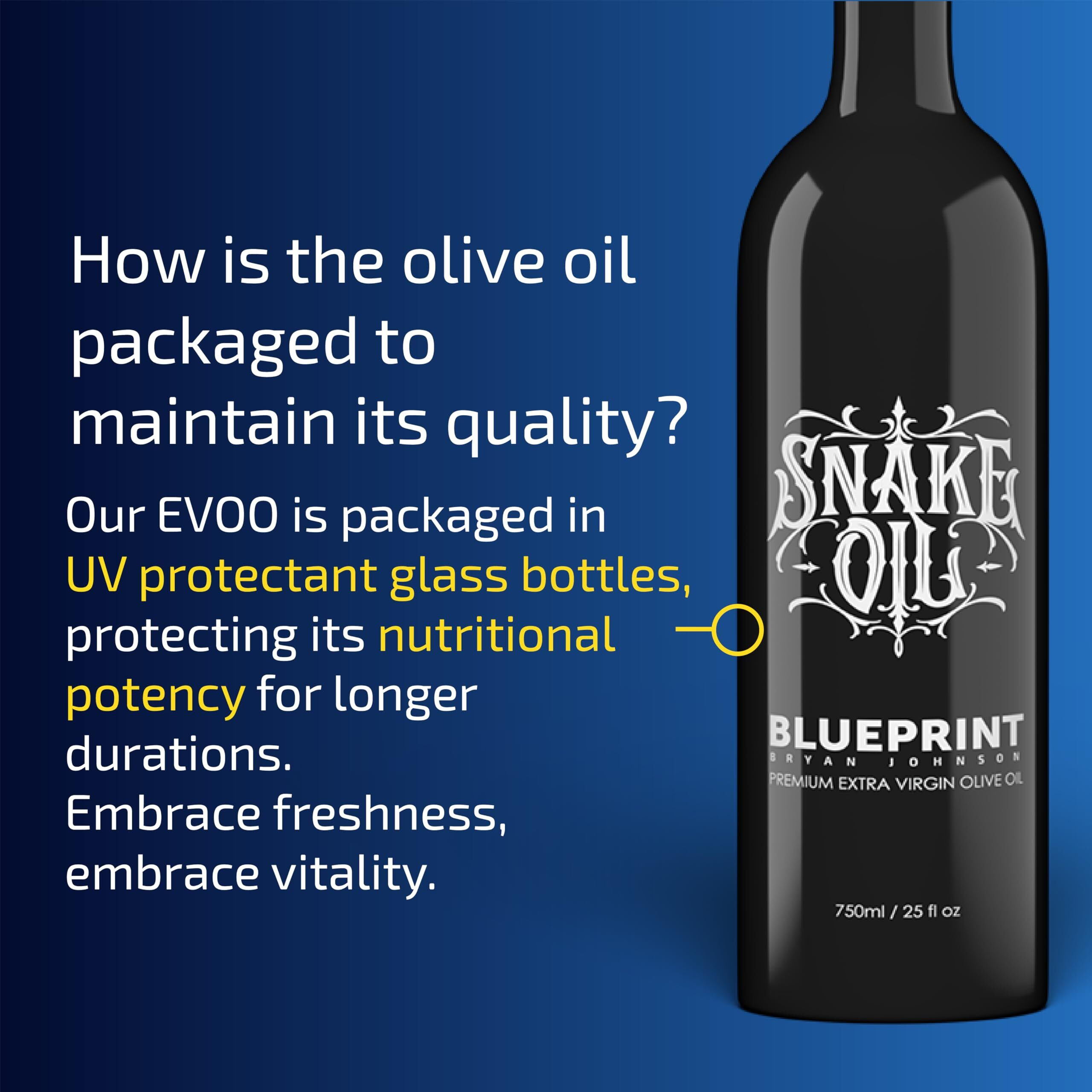 Blueprint Bryan Johnson Extra Virgin Olive Oil - Cold Pressed Polyphenol Rich Evoo (Over 400 Mg/Kg), Smooth Peppery Flavor, Keto & Paleo Friendly, 3Rd Party Verified, Single Source, 750Ml Glass Bottle