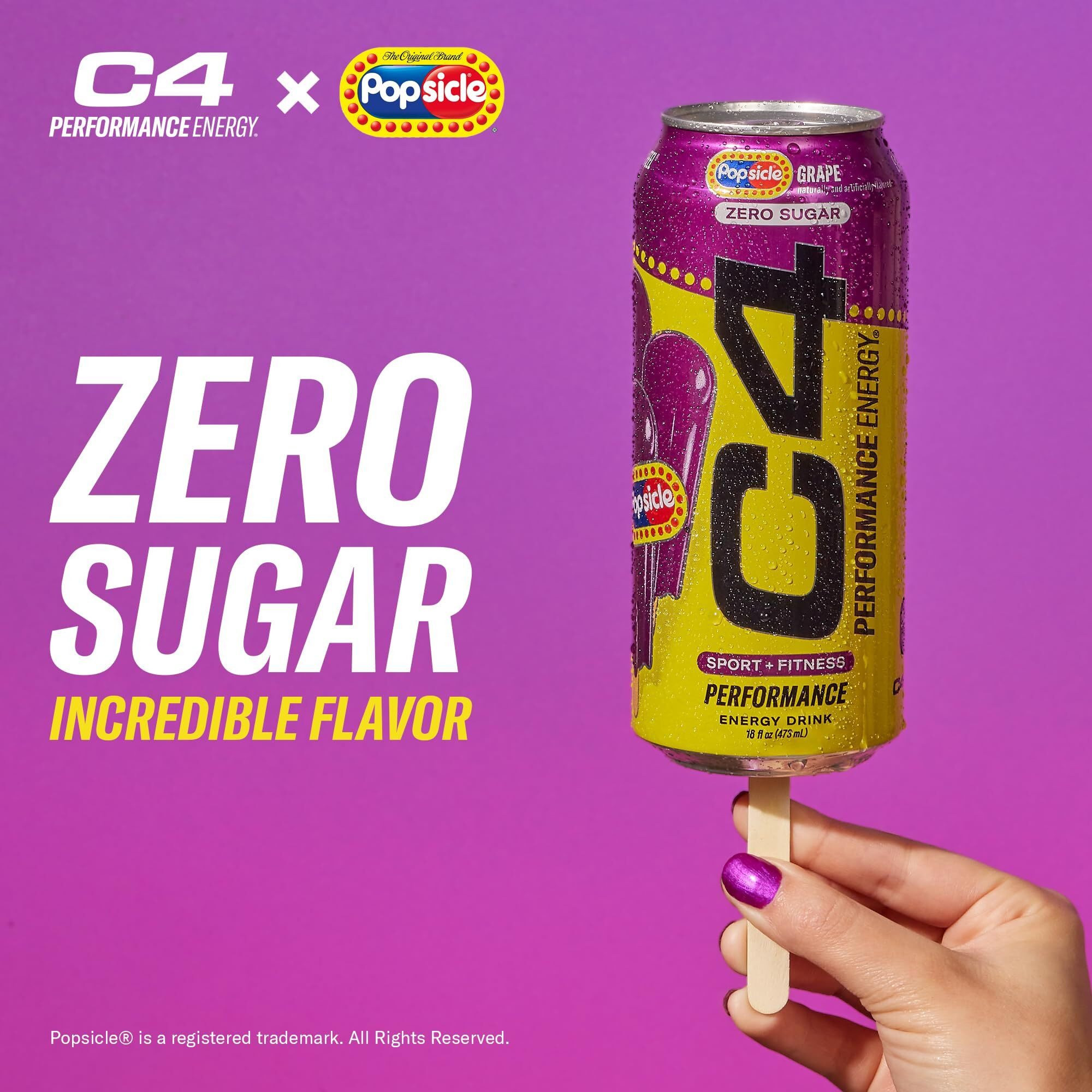 C4 Energy Drink X Popsicle Variety Pack, Carbonated Sugar Free Pre Workout Performance Drink With No Artificial Colors Or Dyes, 3 Flavors - Grape, Hawaiian Pineapple, And Cherry, 16 Oz, Pack Of 12