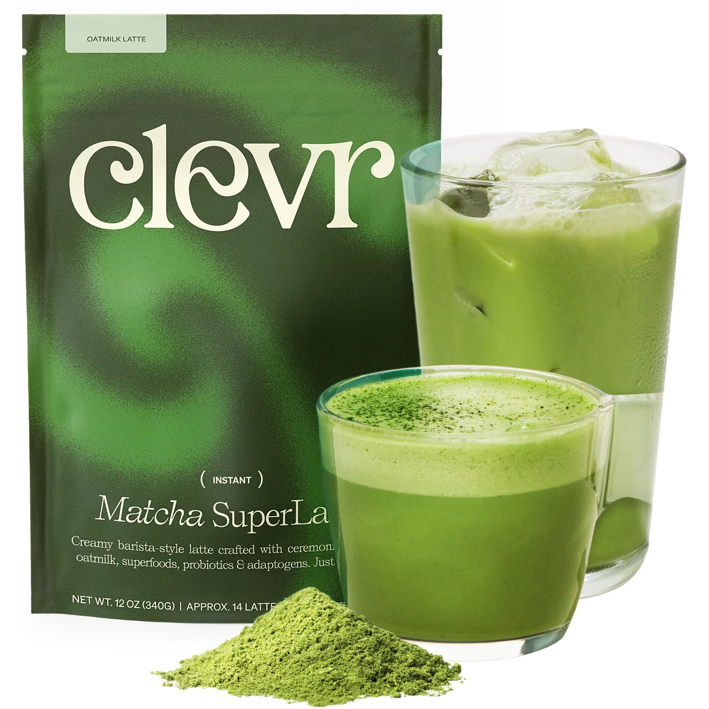 Clevr Blends Organic Matcha Green Tea Latte, Instant Ceremonial Grade Matcha, Superfood Powder Blend With Oat Milk, Lions Mane, Reishi Mushroom, Coconut Cream, Ashwagandha, Serve Hot Or Iced, 12 Oz