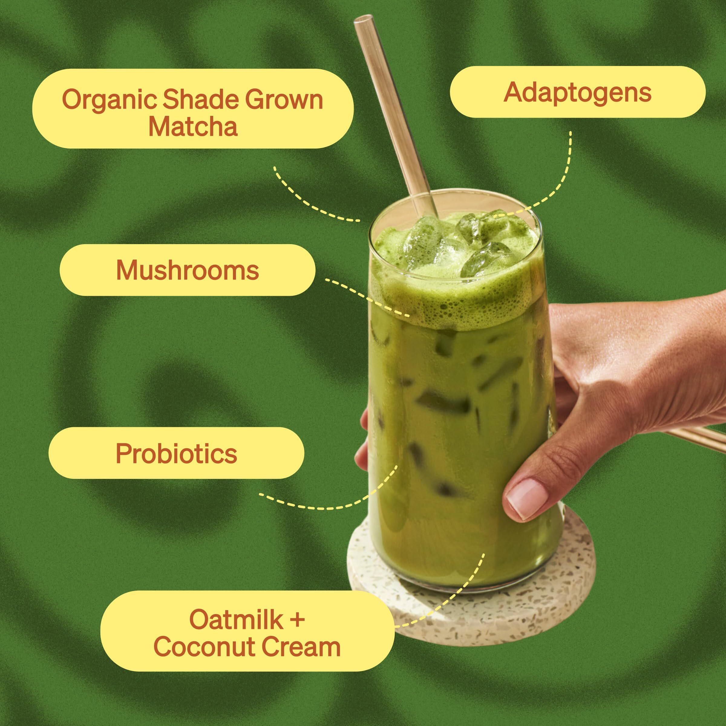 Clevr Blends Organic Matcha Green Tea Latte, Instant Ceremonial Grade Matcha, Superfood Powder Blend With Oat Milk, Lions Mane, Reishi Mushroom, Coconut Cream, Ashwagandha, Serve Hot Or Iced, 12 Oz