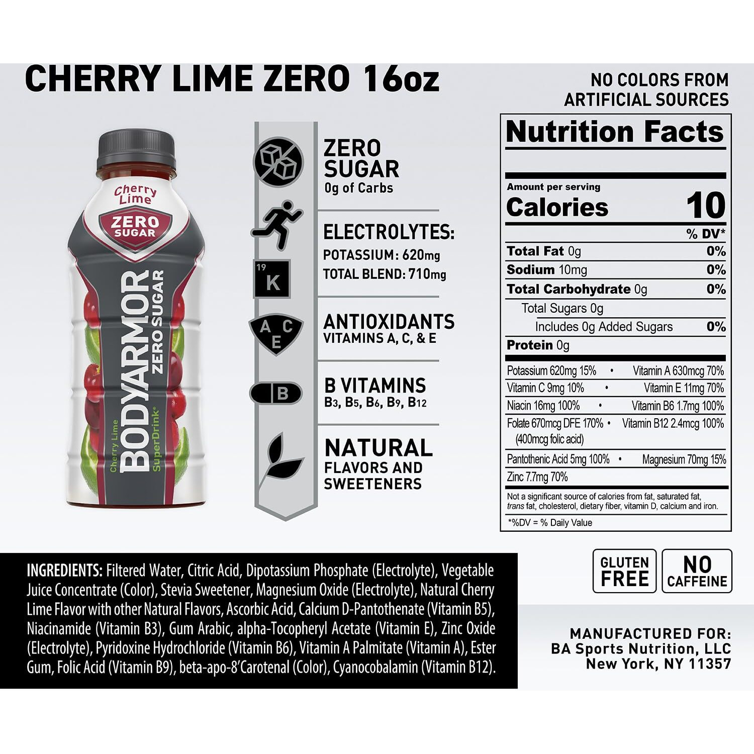 Bodyarmor Zero Sugar Cherry Lime, Sugar Free Sports Drink - Low-Calorie Hydration - Natural Flavors With Potassium Packed Electrolytes, Antioxidants, And B-Vitamins, 16 Fl Oz (Pack Of 12)