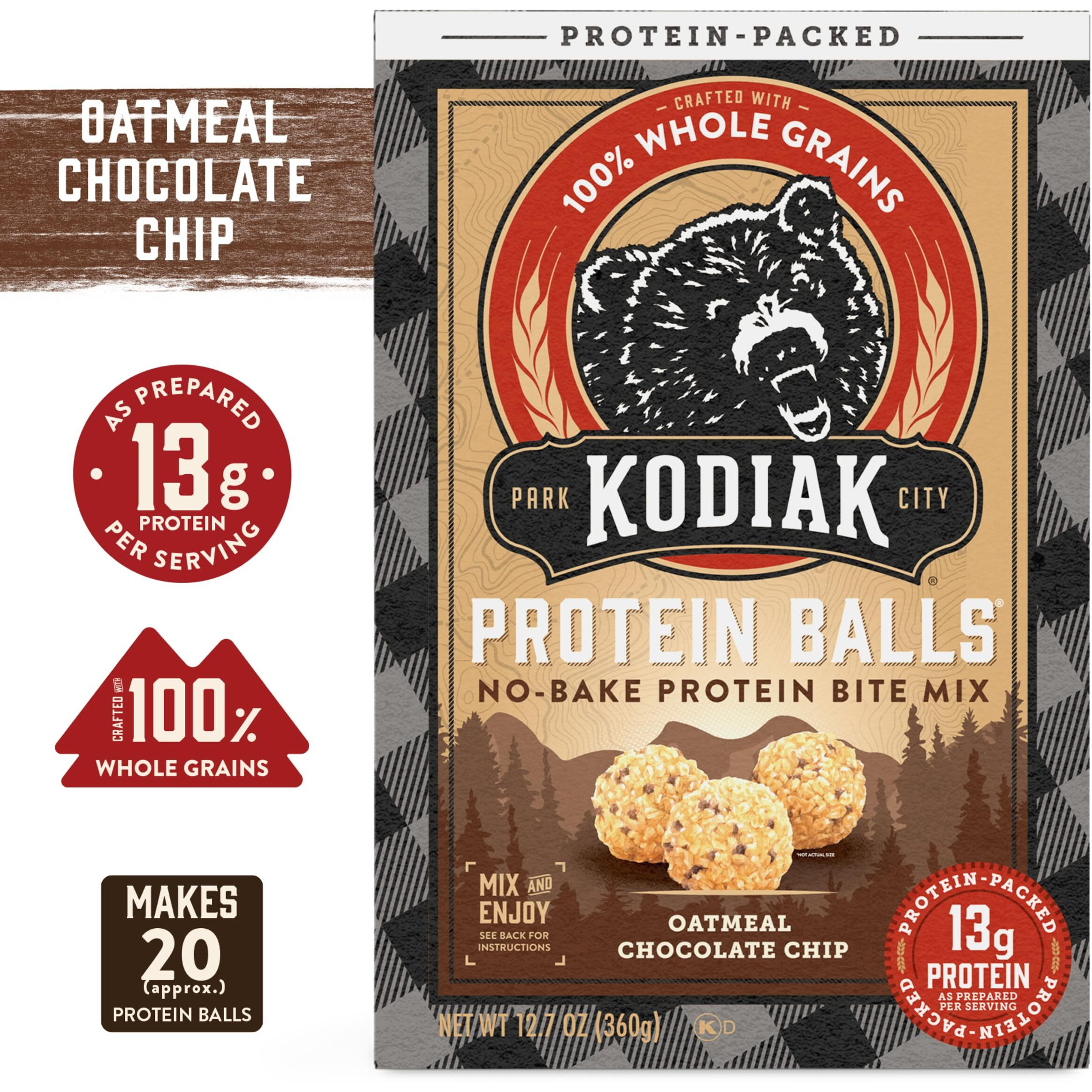 Kodiak Oatmeal Protein Ball Mix, Chocolate Chip, High Protein, 100% Whole Grains, (Pack Of 6)