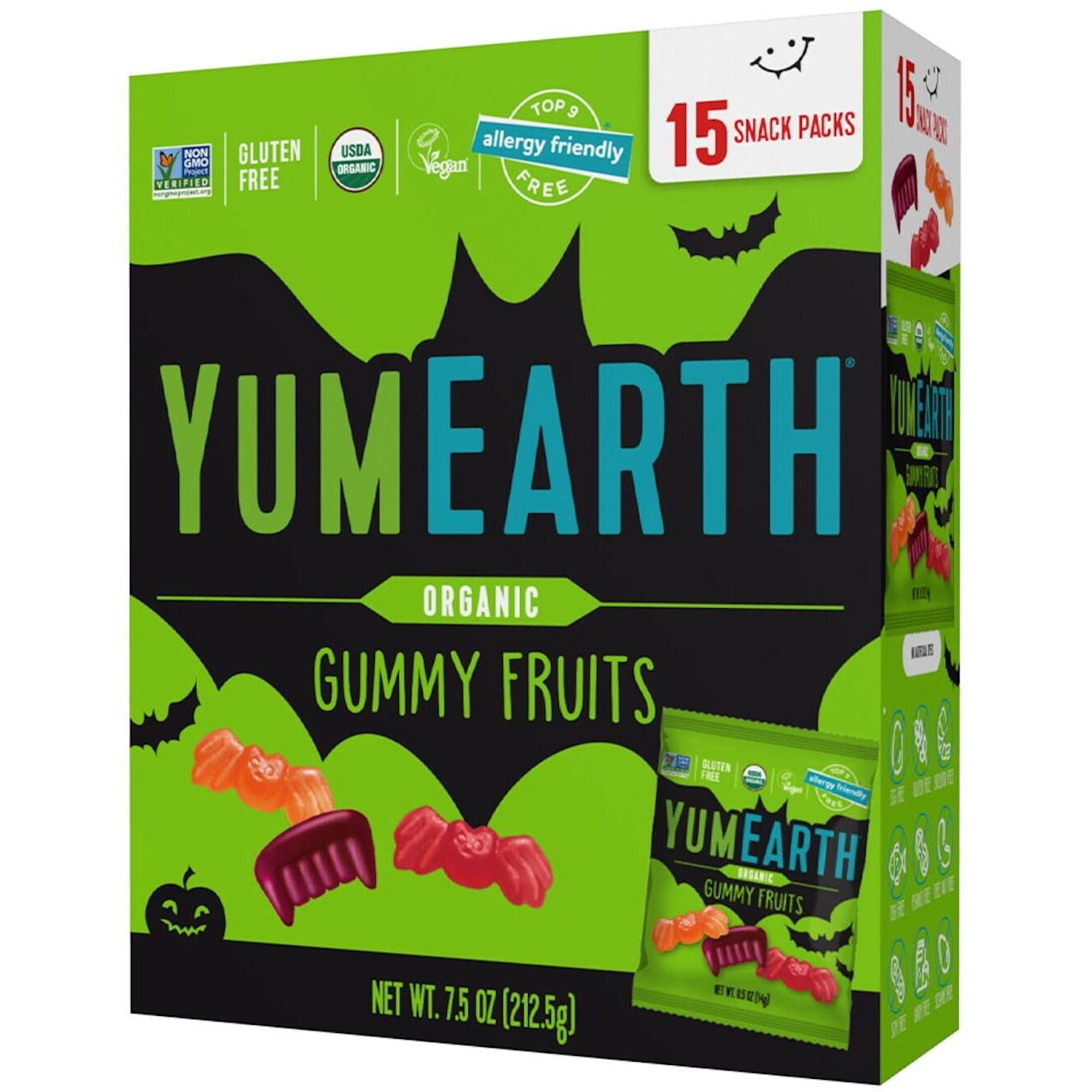 Yumearth Organic Halloween Gummy Fruits - Fruity Candy Snack Packs, Gluten Free Snacks For Kids - Allergy Friendly, Non-Gmo, No Artificial Flavors Or Dyes - Assorted Flavors, 7.5 Oz (Pack Of 15)