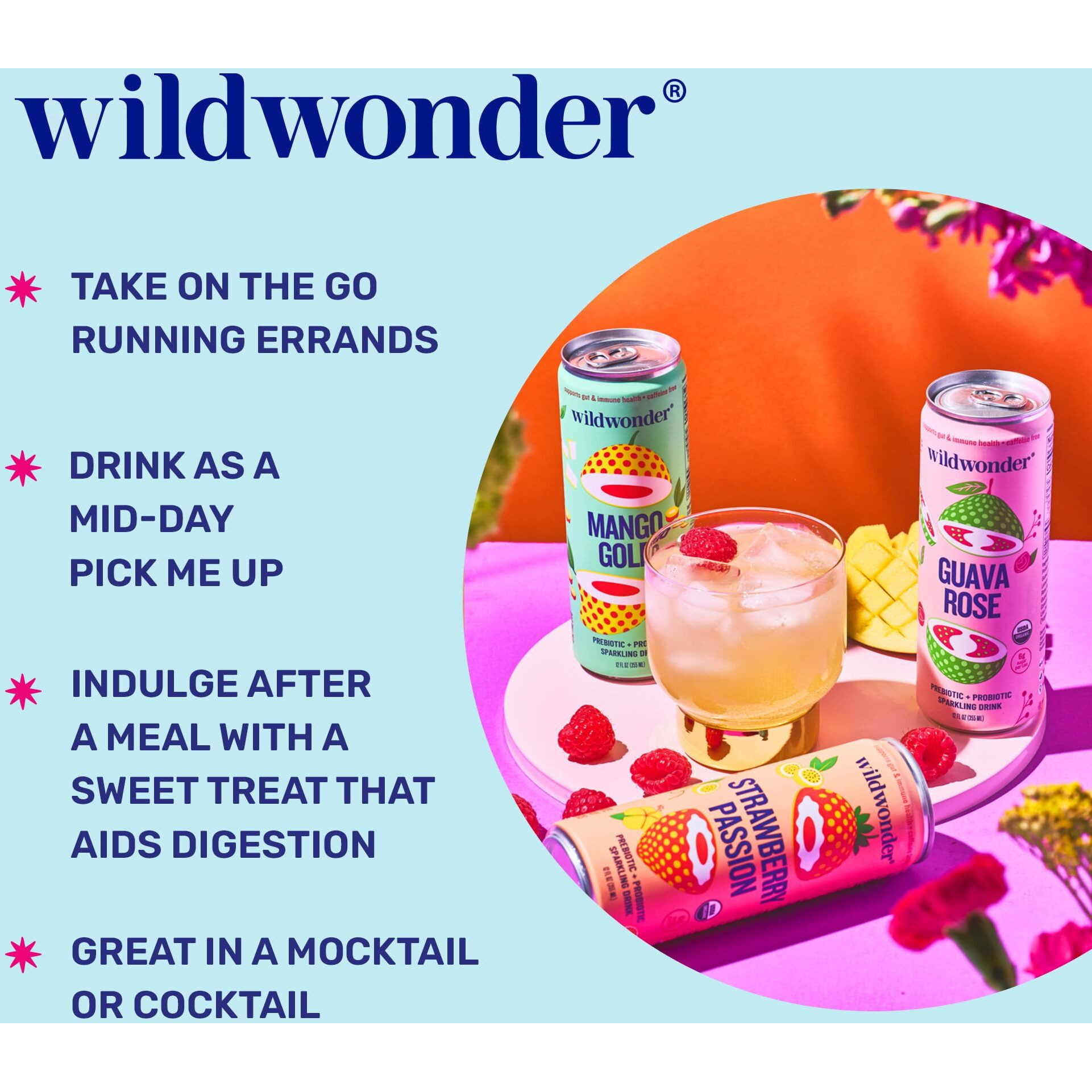 Wildwonder Sparkling Probiotic Juice Drink W/Gut Health Immunity & Support 5G Fiber, Live Probiotics, Caffeine Free, Organic, Vegan, Low Sugar, 12Pk 12Oz, Classic Variety Pack, As Seen On Shark Tank