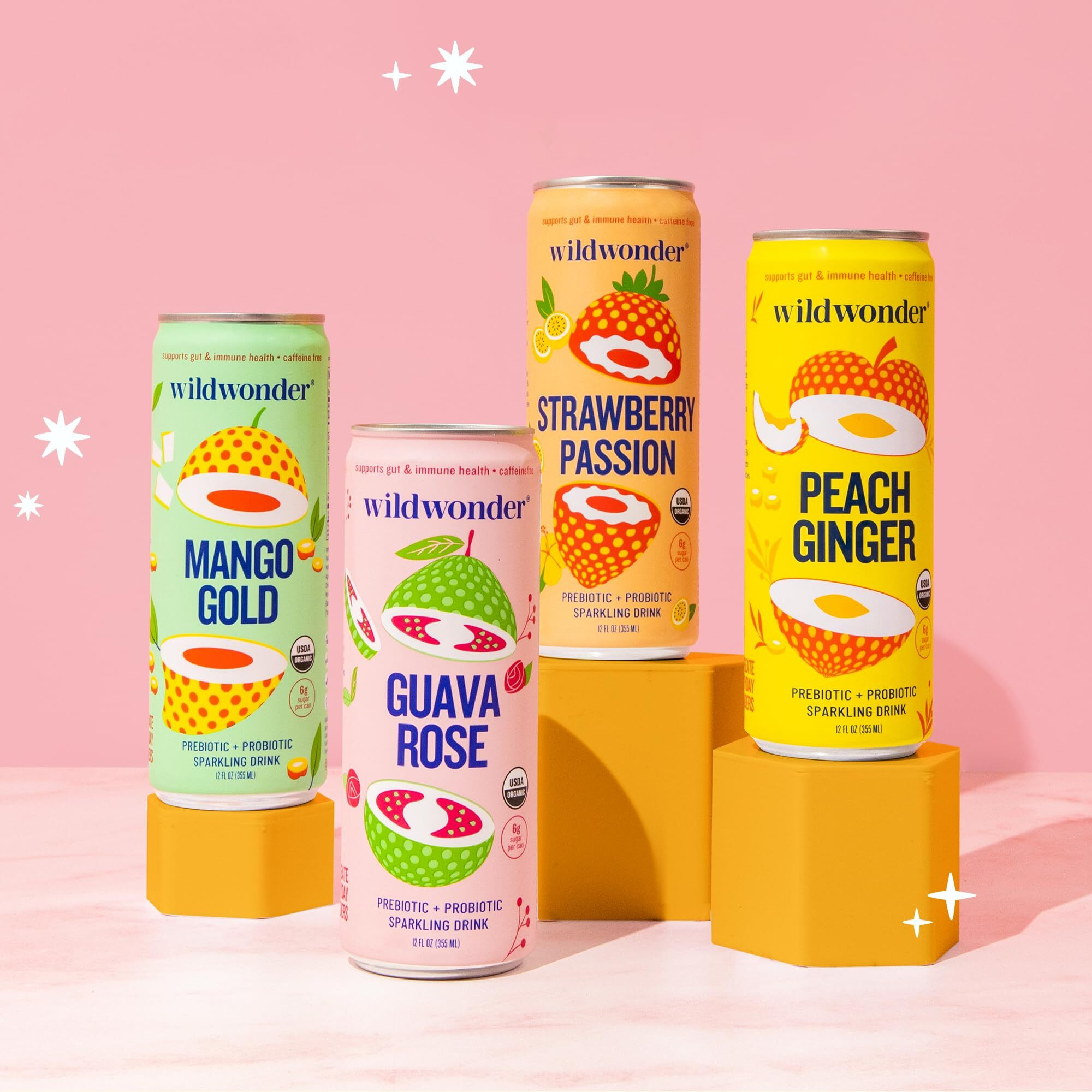 Wildwonder Sparkling Probiotic Juice Drink W/Gut Health Immunity & Support 5G Fiber, Live Probiotics, Caffeine Free, Organic, Vegan, Low Sugar, 12Pk 12Oz, Classic Variety Pack, As Seen On Shark Tank