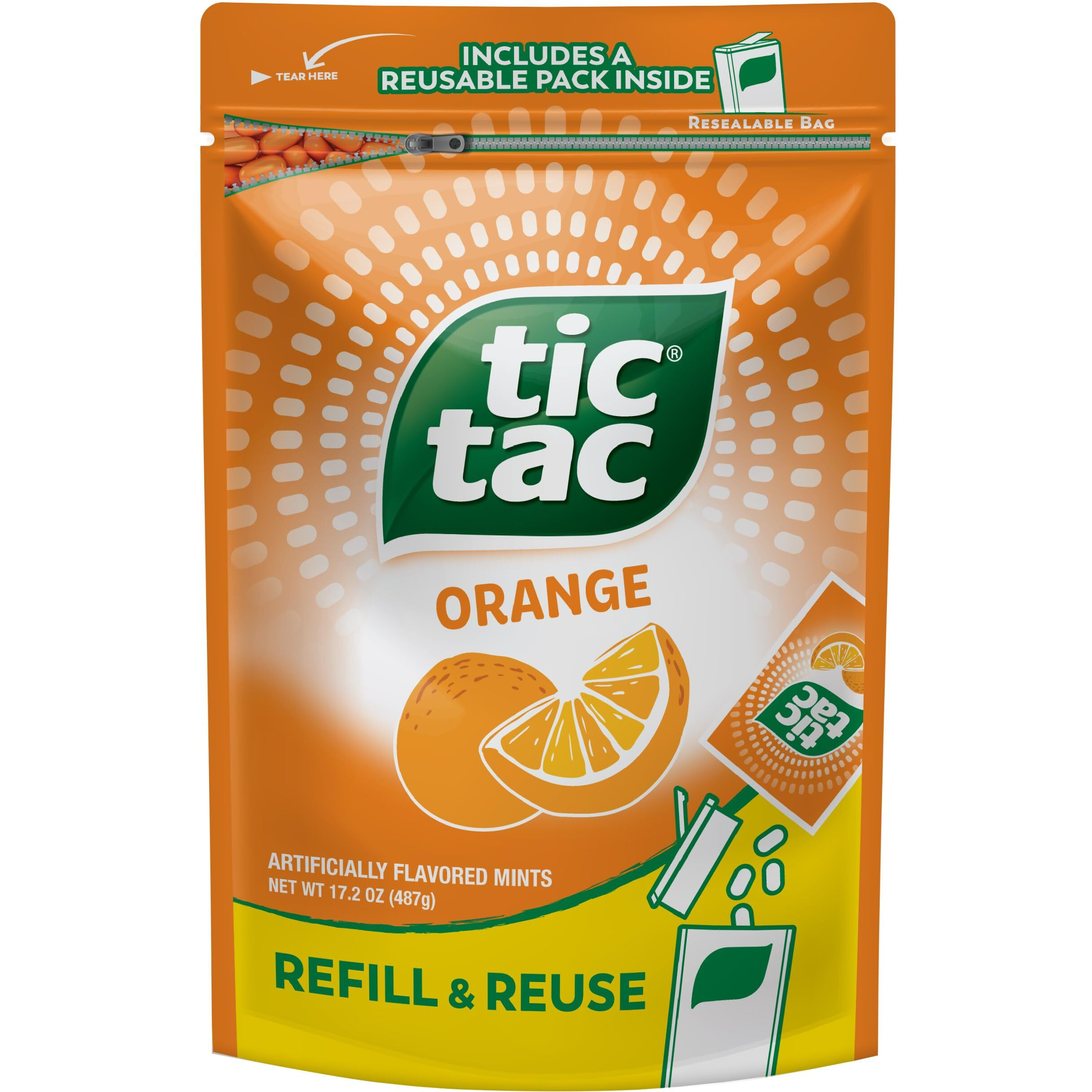 Tic Tac Resealable Refill Bag, Bulk 17.2 Oz, Orange Flavored Mints, On-The-Go Refreshment, Includes Empty Refillable Pack