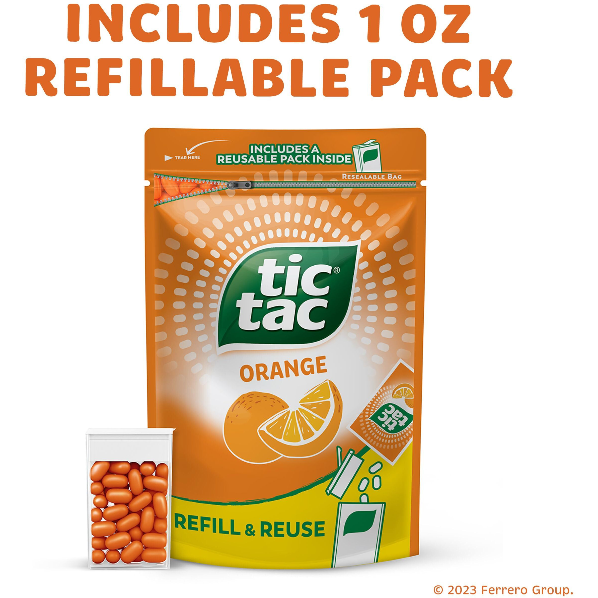 Tic Tac Resealable Refill Bag, Bulk 17.2 Oz, Orange Flavored Mints, On-The-Go Refreshment, Includes Empty Refillable Pack