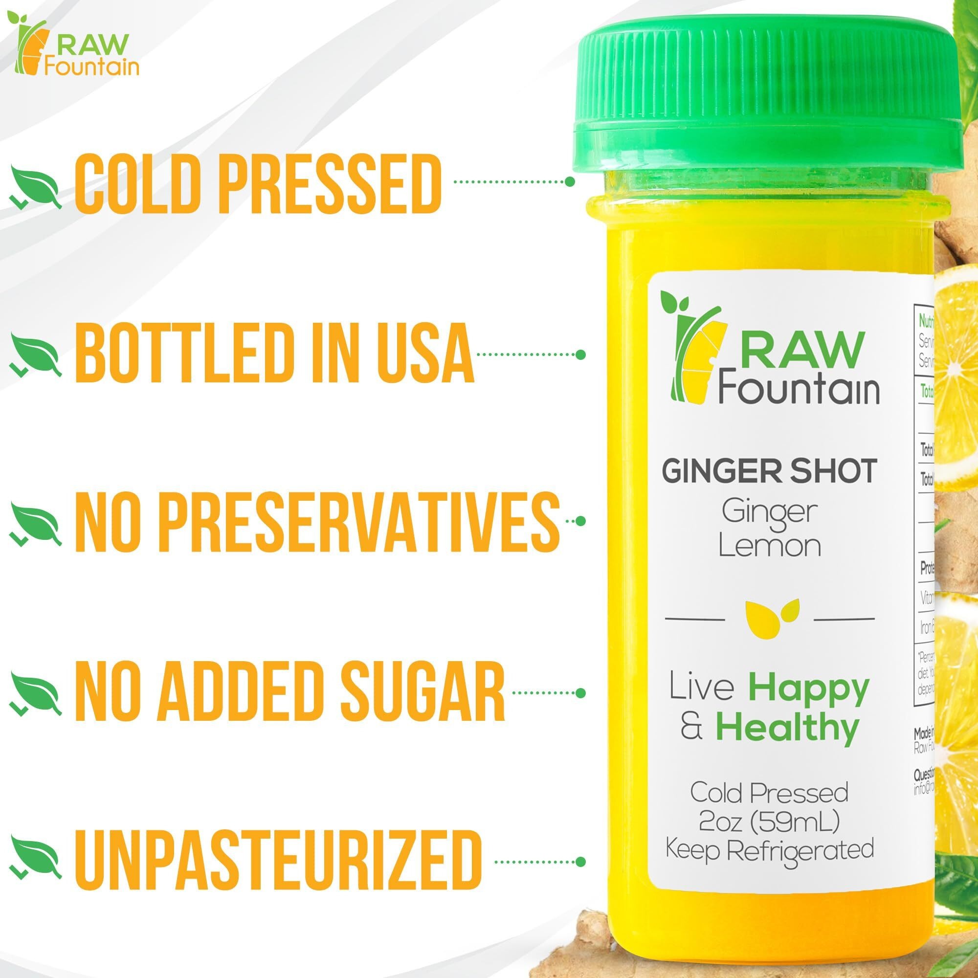 20 Ginger Shots With Lemon 2Fl Oz, Vitamin C, Raw And Cold Pressed, Unpasteurized, Boosts Immunity, All Natural, No Artificial Flavors Or Preservatives
