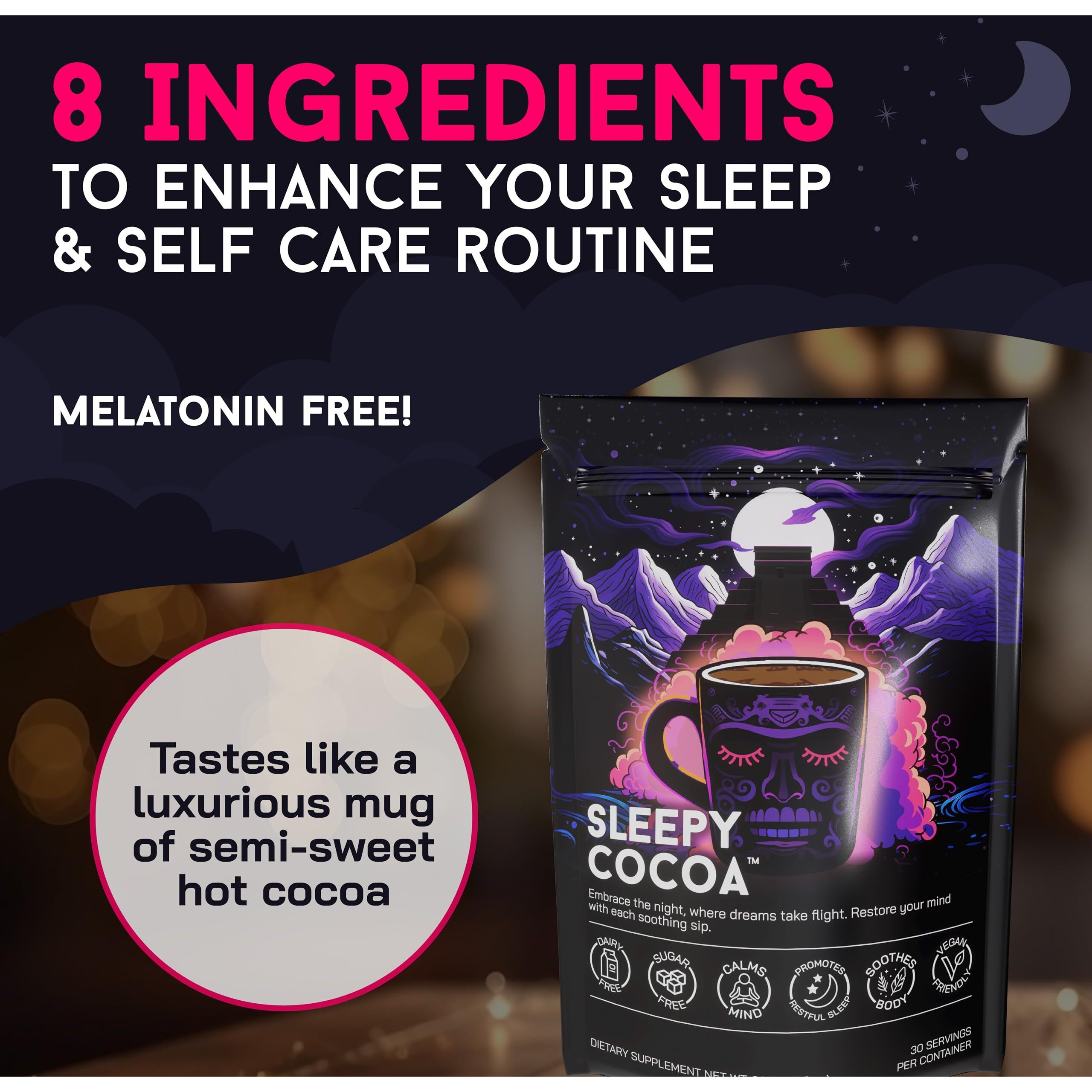 Sleepy Cocoa Sugar Free Hot Chocolate Mix - Sleep Support Supplement - Non Dairy, Keto, And Vegan Hot Cocoa Powder - Night Time Self Care - Melatonin And Gluten Free - 30 Servings