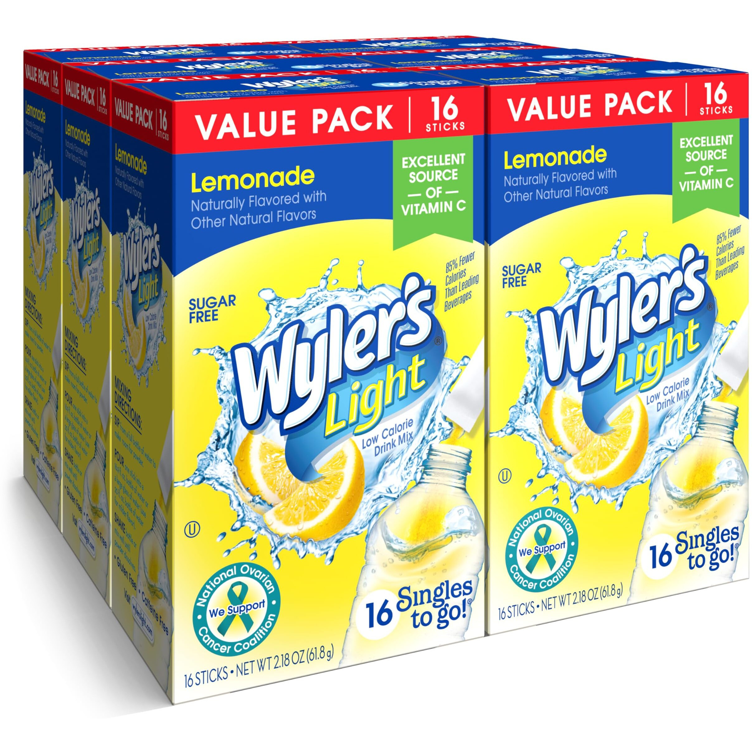 Wyler's Light Singles To Go Powder Packets, Water Drink Mix, Lemonade, 16 Count, 6 Boxes (96 Single Servings)