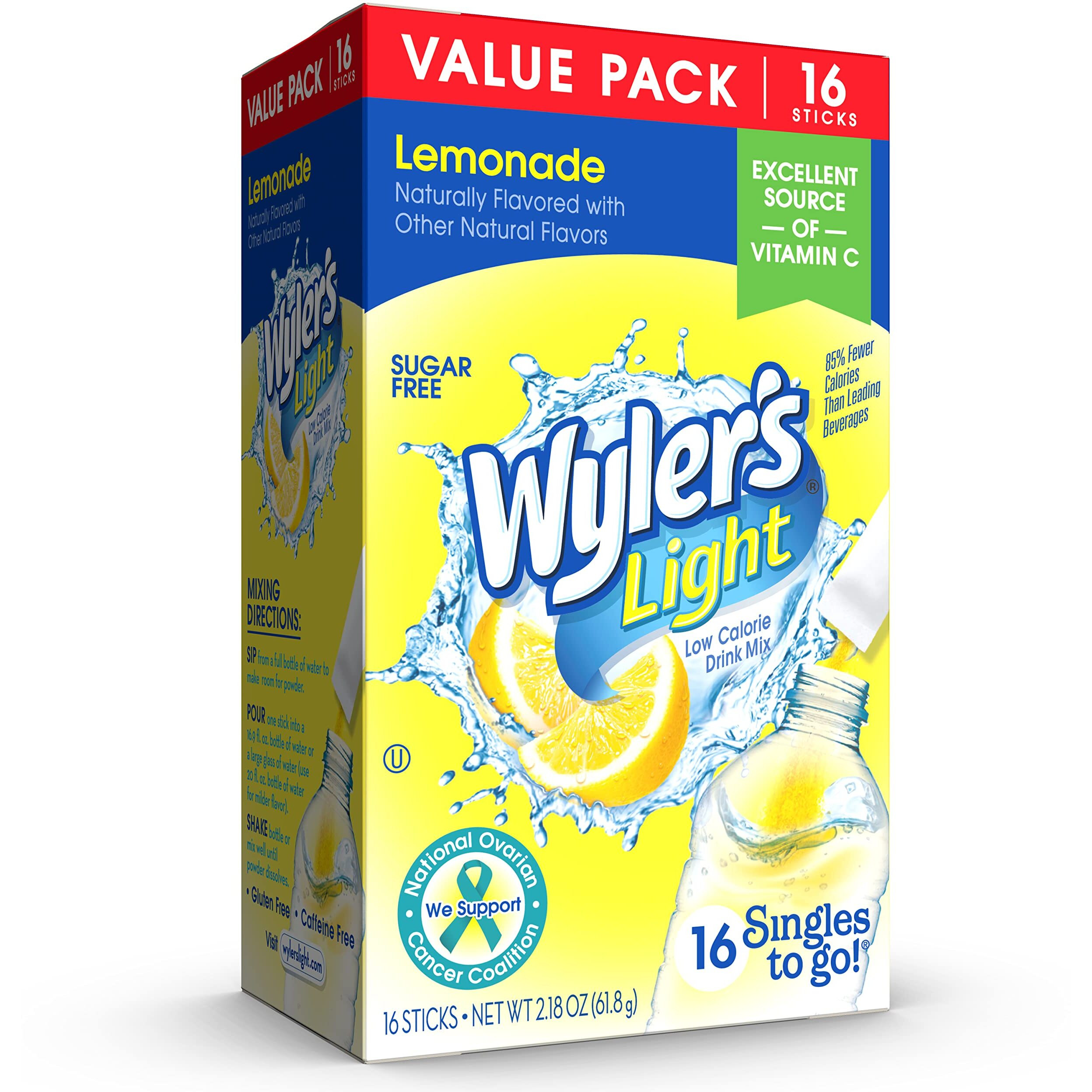 Wyler's Light Singles To Go Powder Packets, Water Drink Mix, Lemonade, 16 Count, 6 Boxes (96 Single Servings)