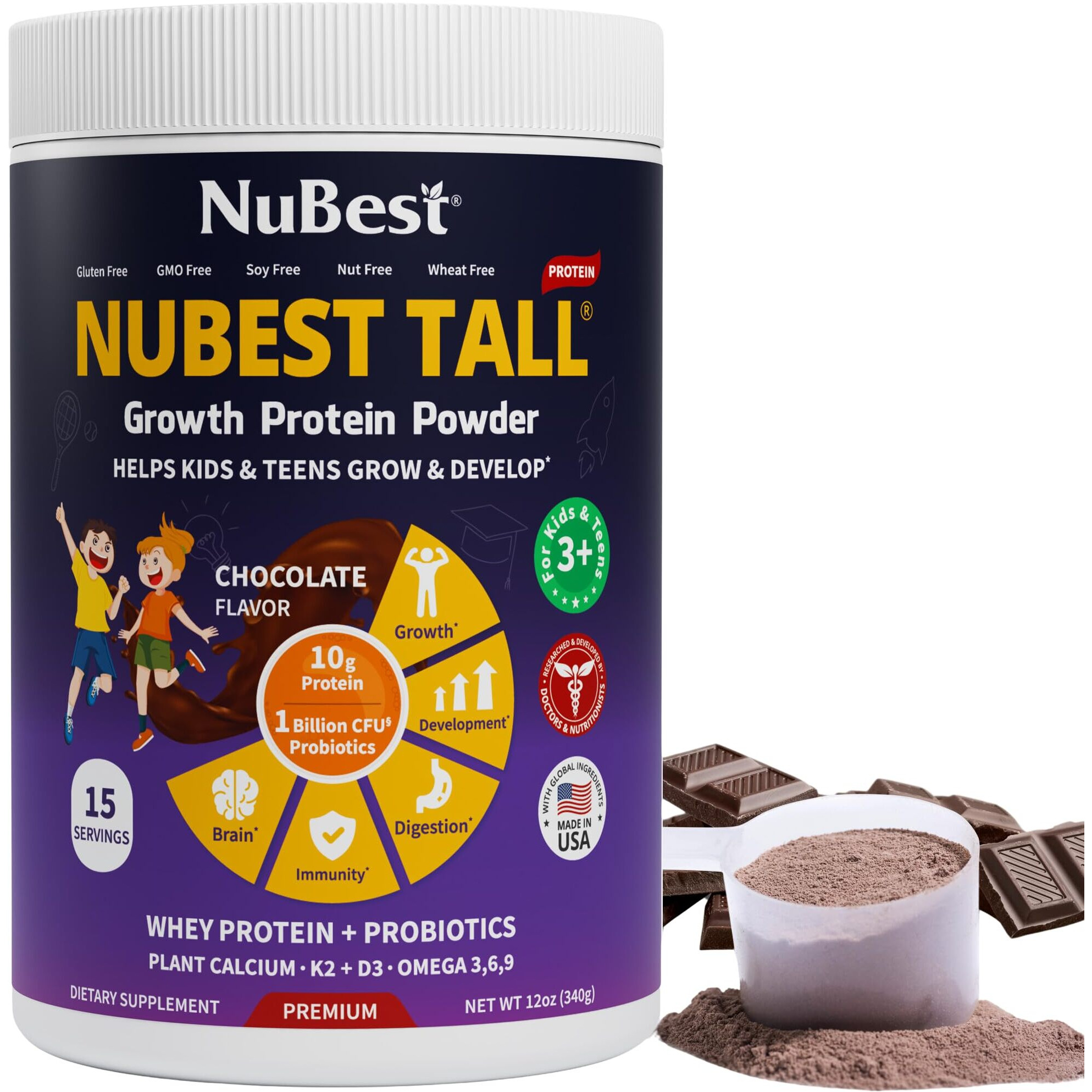 Nubest Tall Protein Powder For Kids & Teens - Whey Protein Powder - Chocolate Protein Powder Shake - Protein Drink With Probiotics, Omega 3-6-9, Vitamin D3 + K2, Calcium, Vitamin - 15 Servings