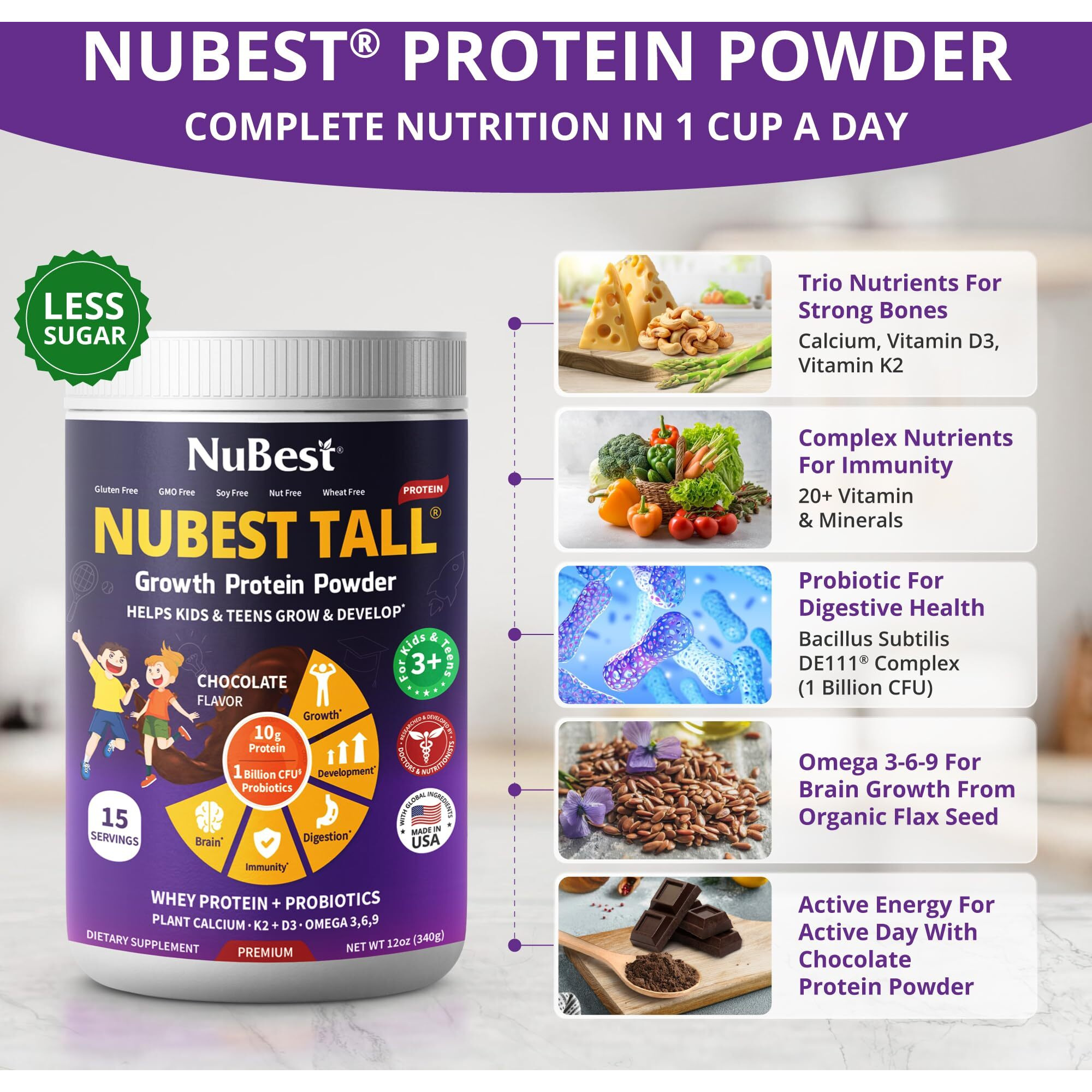 Nubest Tall Protein Powder For Kids & Teens - Whey Protein Powder - Chocolate Protein Powder Shake - Protein Drink With Probiotics, Omega 3-6-9, Vitamin D3 + K2, Calcium, Vitamin - 15 Servings