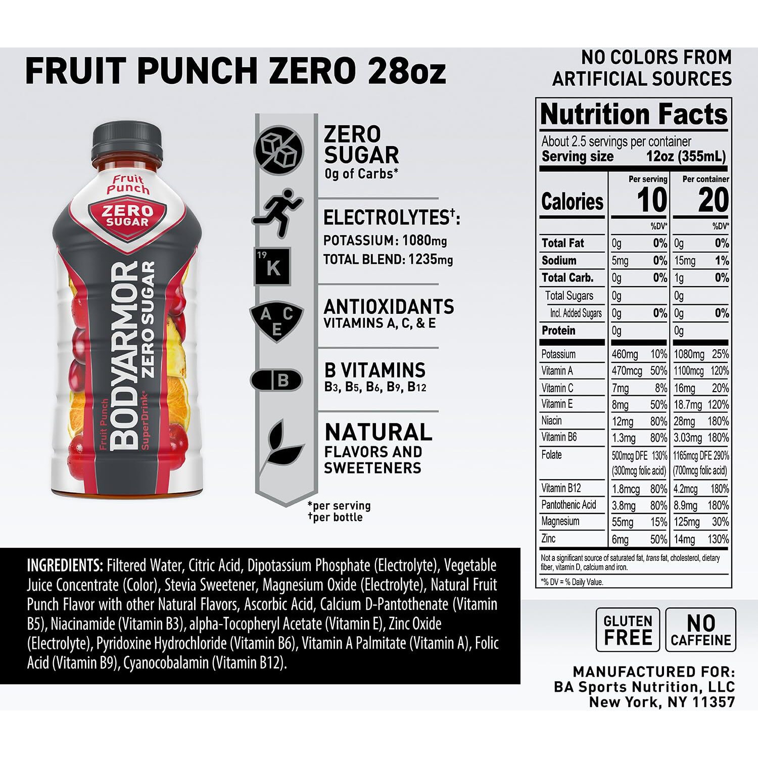 Bodyarmor Zero Sugar Fruit Punch, Sugar Free Sports Drink - Low-Calorie Hydration - Natural Flavors With Potassium Packed Electrolytes, Antioxidants, And B-Vitamins, 28 Fl Oz (Pack Of 12)