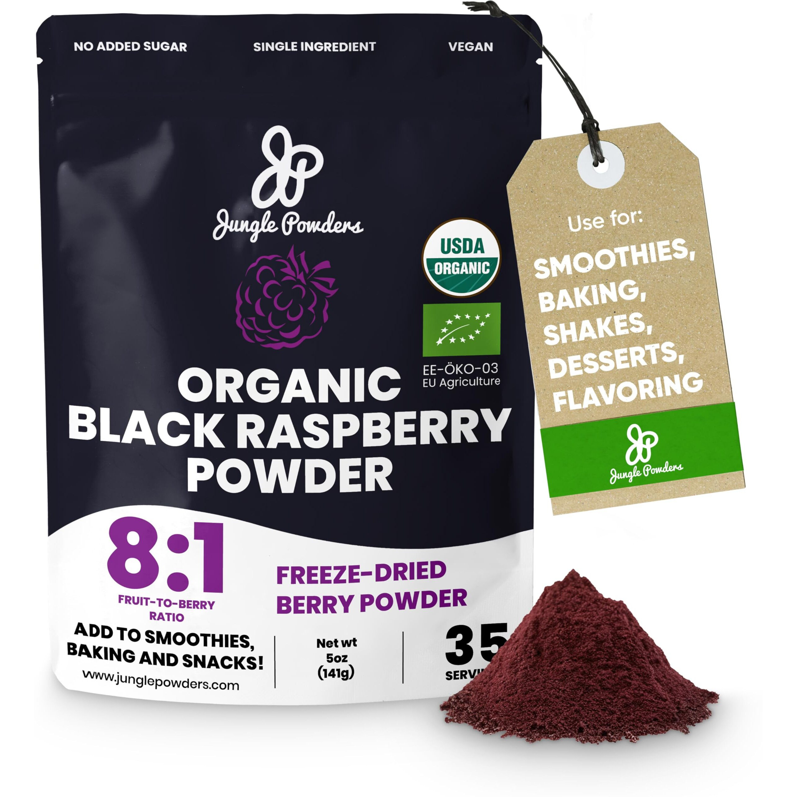 Jungle Powders Organic Black Raspberry Powder 5 Ounce Bag, Usda Organic Freeze Dried Raspberries Fruit Whole Berry For Baking, Additive Filler Free Superfood Extract Rasberries Smoothies Dehydrated