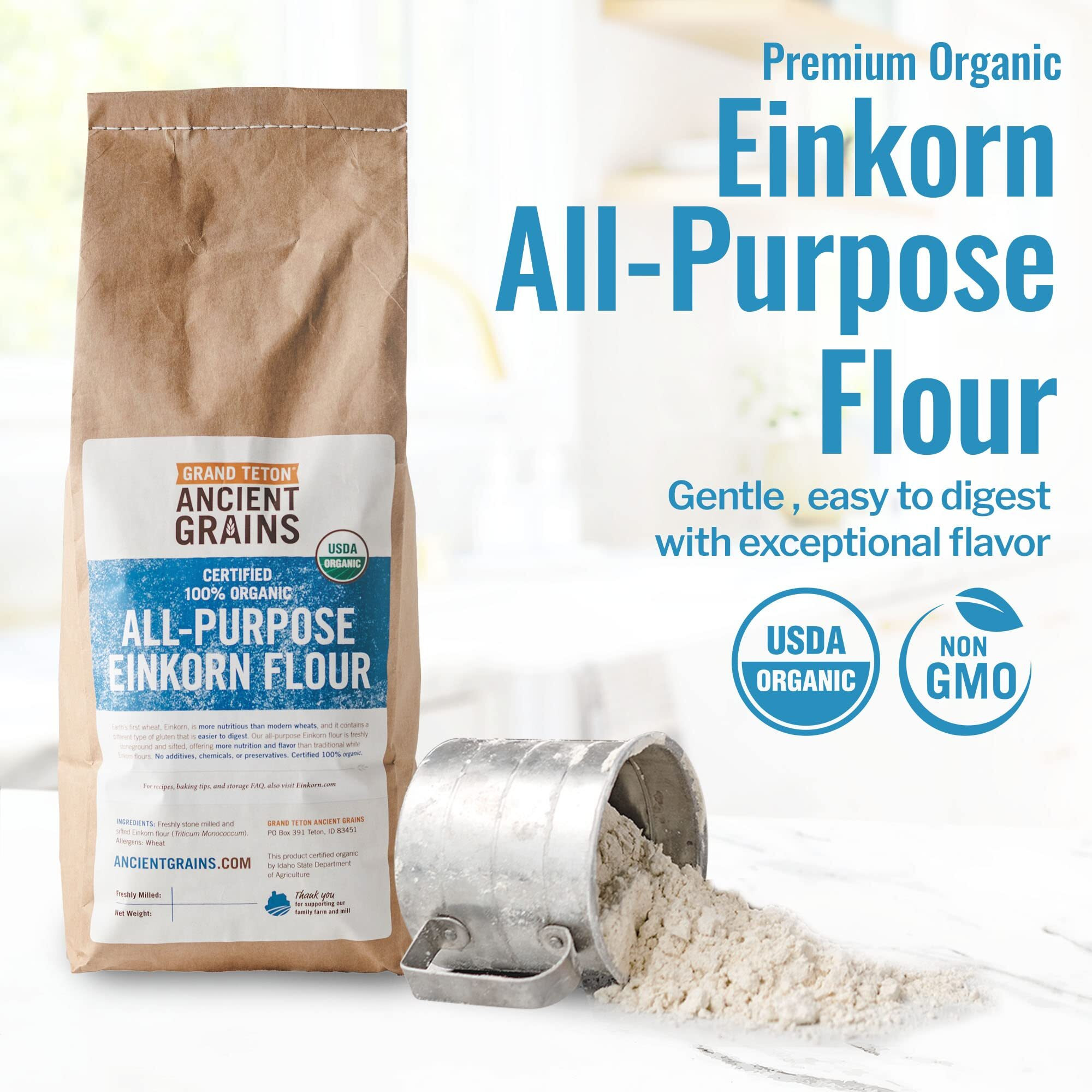Grand Teton Ancient Grains - 100% Organic All-Purpose Einkorn Flour, Einkorn Flour Organic & Non-Gmo, Einkorn Flour, Rich In Vitamins & Minerals, Unbleached Einkorn Grain Flour, 5 Lbs