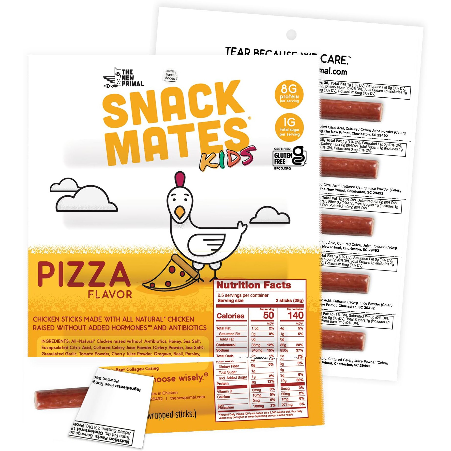 The New Primal Snack Mates Pizza Chicken Sticks, Gluten Free Healthy Snacks For Kids, Low Sugar High Protein Back To School Snacks, Mini Paleo Jerky Meat Stick, 8G Protein, 50 Calories, 10 Pack