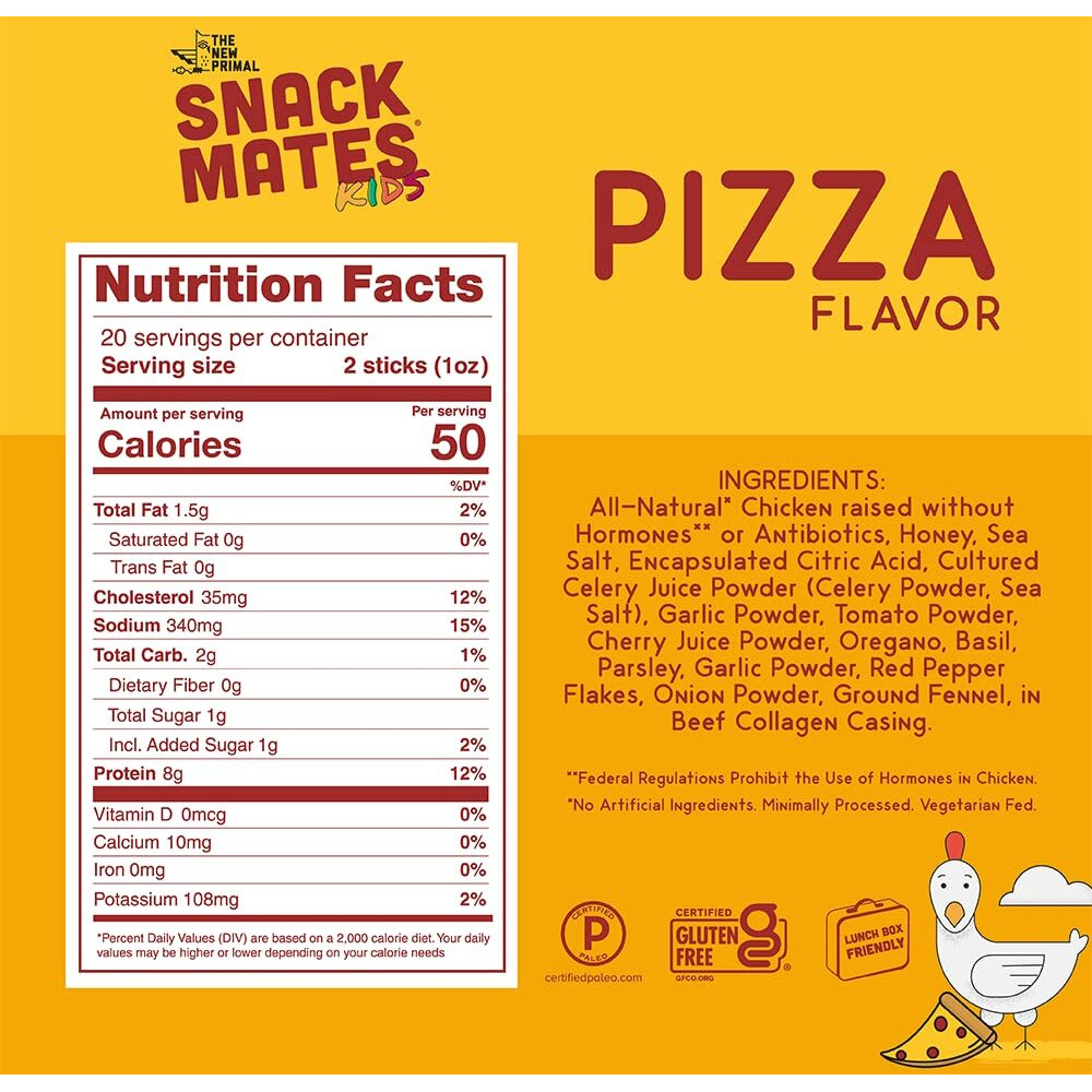 The New Primal Snack Mates Pizza Chicken Sticks, Gluten Free Healthy Snacks For Kids, Low Sugar High Protein Back To School Snacks, Mini Paleo Jerky Meat Stick, 8G Protein, 50 Calories, 10 Pack