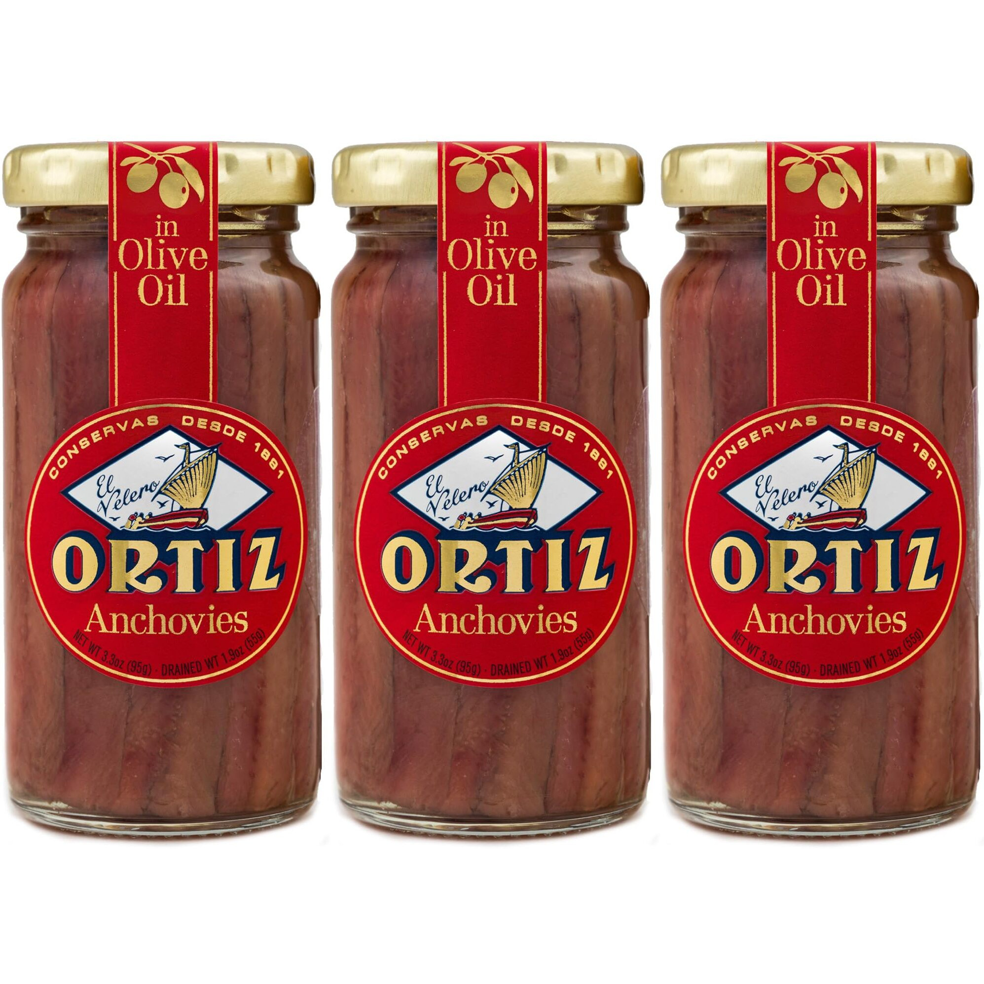 Ortiz Anchovies In Extra Virgin Olive Oil, Firm Buttery Fillets With A Rich Umami Taste, Wild Caught In Spain, Great For Pizza, Pasta And Caeser Salad, 3.3Oz Glass Jar (Pack Of 3)