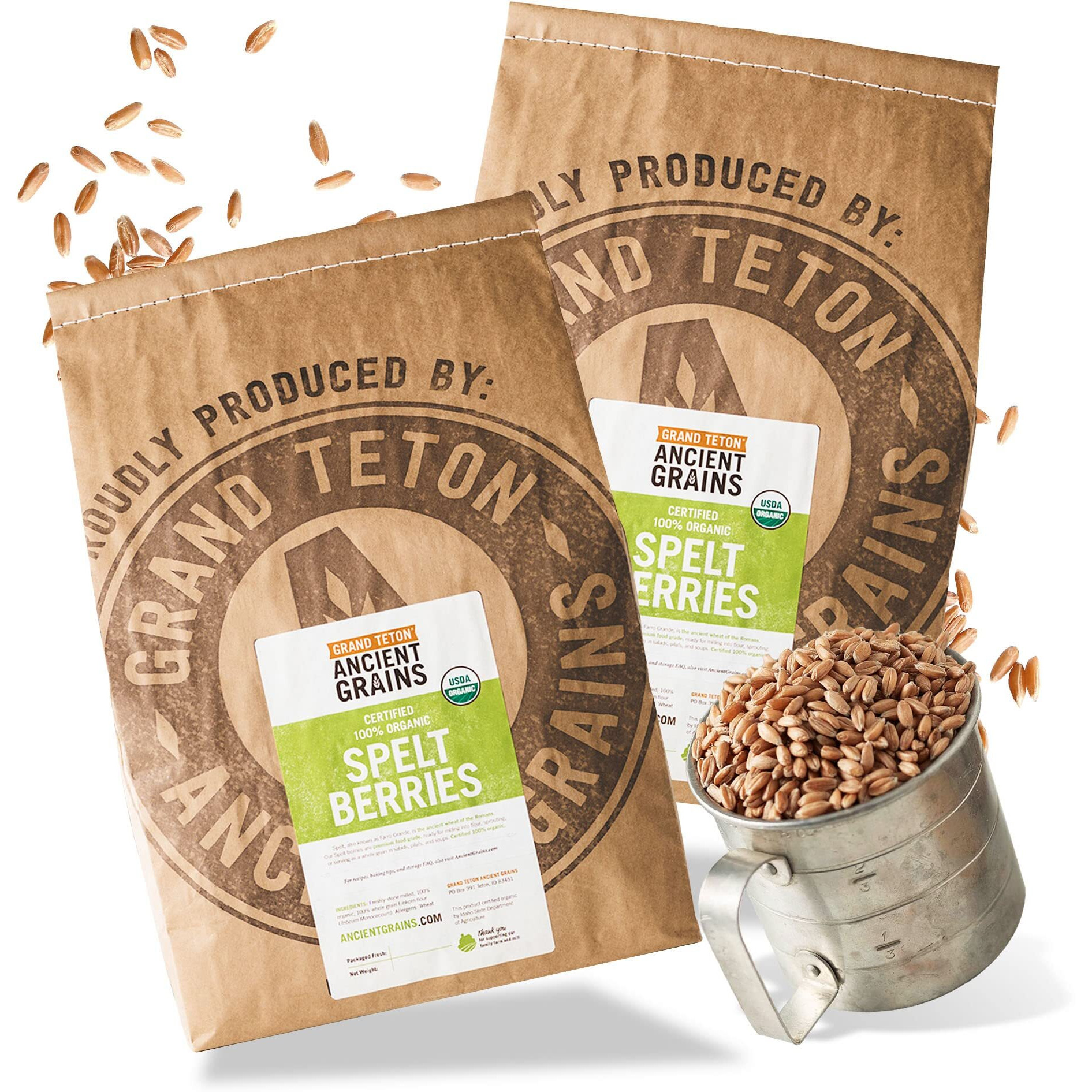 Grand Teton Ancient Grains - 100% Organic Spelt Berries, Whole Unmilled Spelt Berries, Us-Grown Farro Organic Grain, Nutritious Baking Staple, Whole Grain Spelt In Brown Paper Bag, 48 Lbs 24 X 2