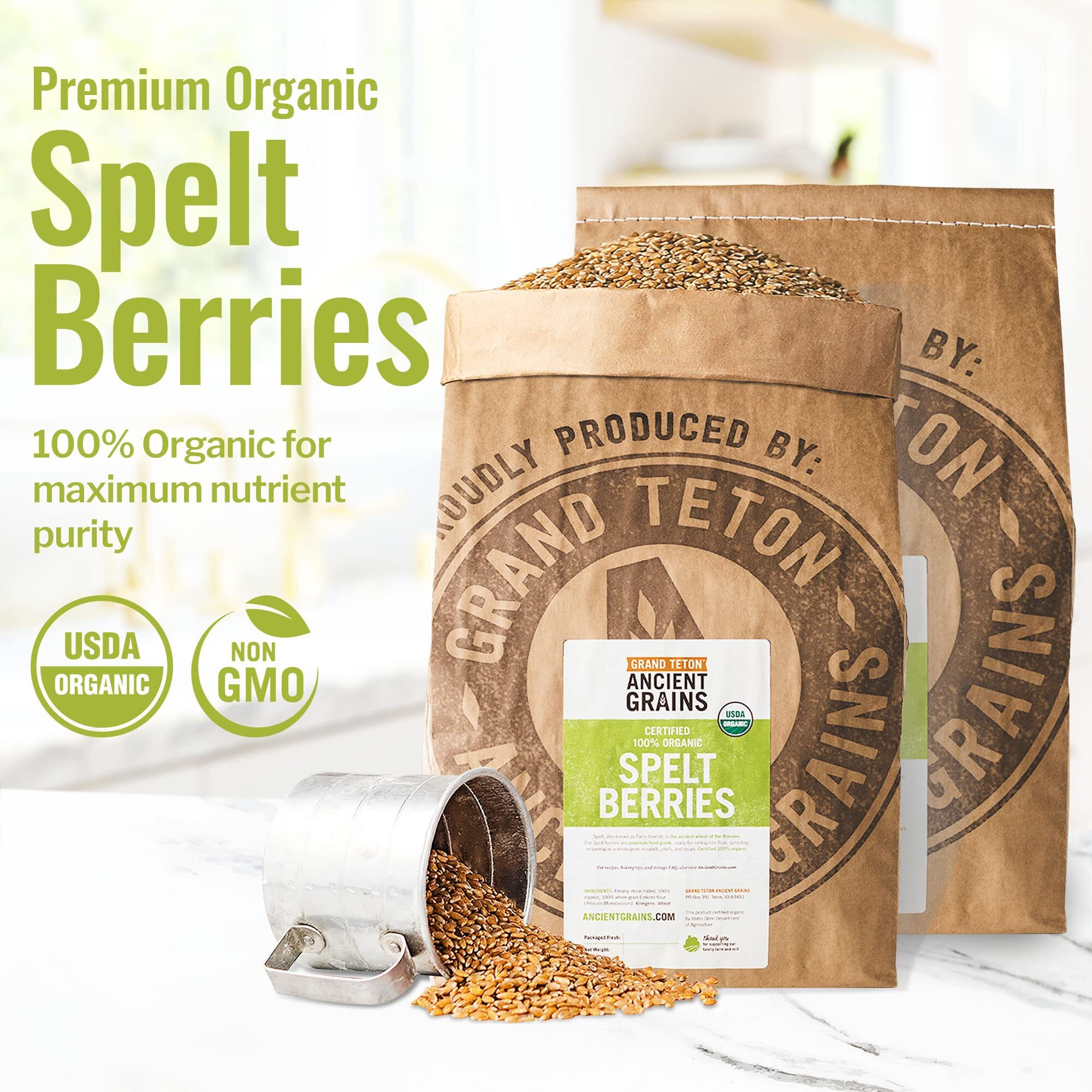 Grand Teton Ancient Grains - 100% Organic Spelt Berries, Whole Unmilled Spelt Berries, Us-Grown Farro Organic Grain, Nutritious Baking Staple, Whole Grain Spelt In Brown Paper Bag, 48 Lbs 24 X 2
