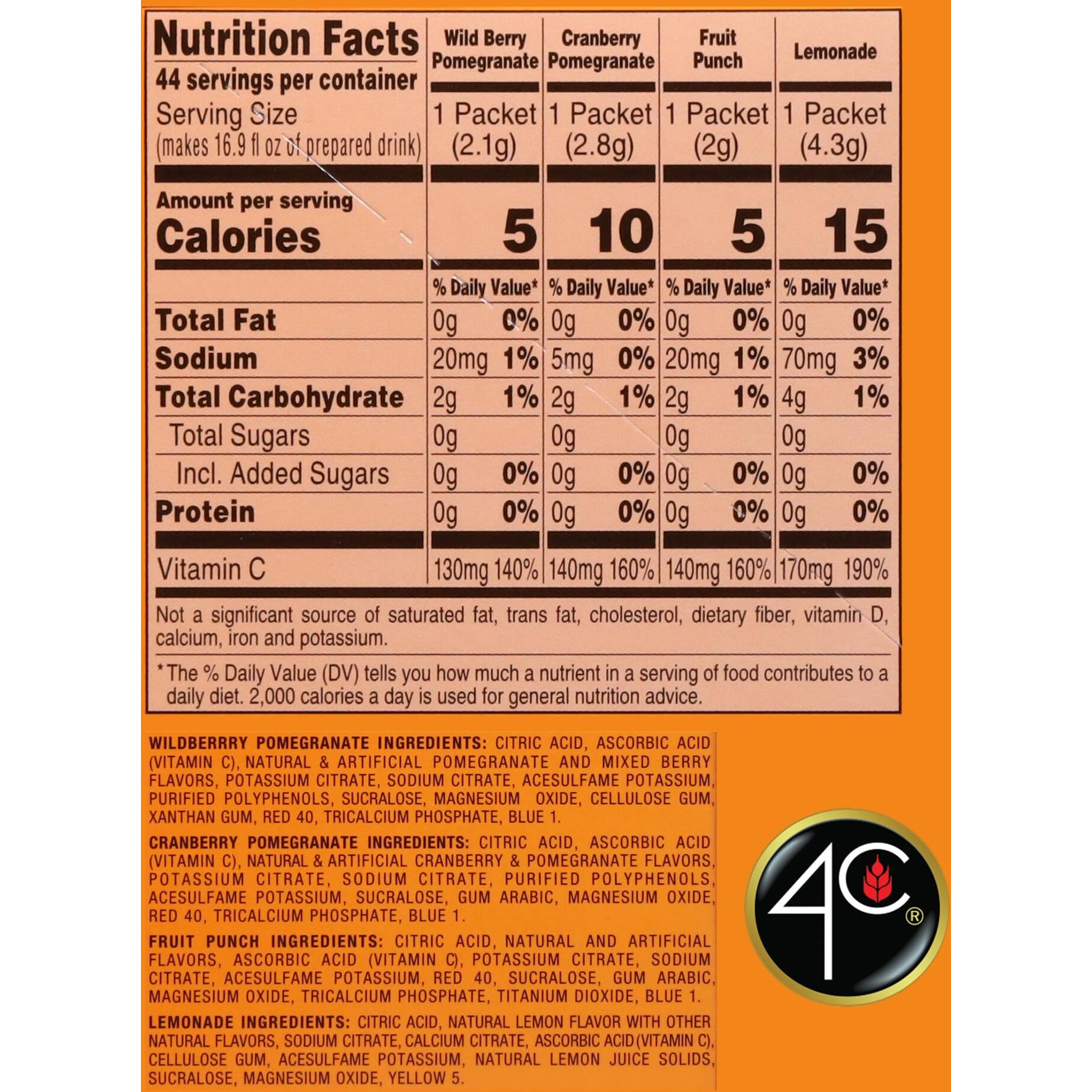 4C Powder Drink Mix Packets, Psd Variety 1 Pack, 44 Count, Singles Stix On The Go, Refreshing Sugar Free Water Flavorings (11 Each Wild Berry Pomegranate, Cranberry-Pomegranate, Fruit Punch, Lemonade)