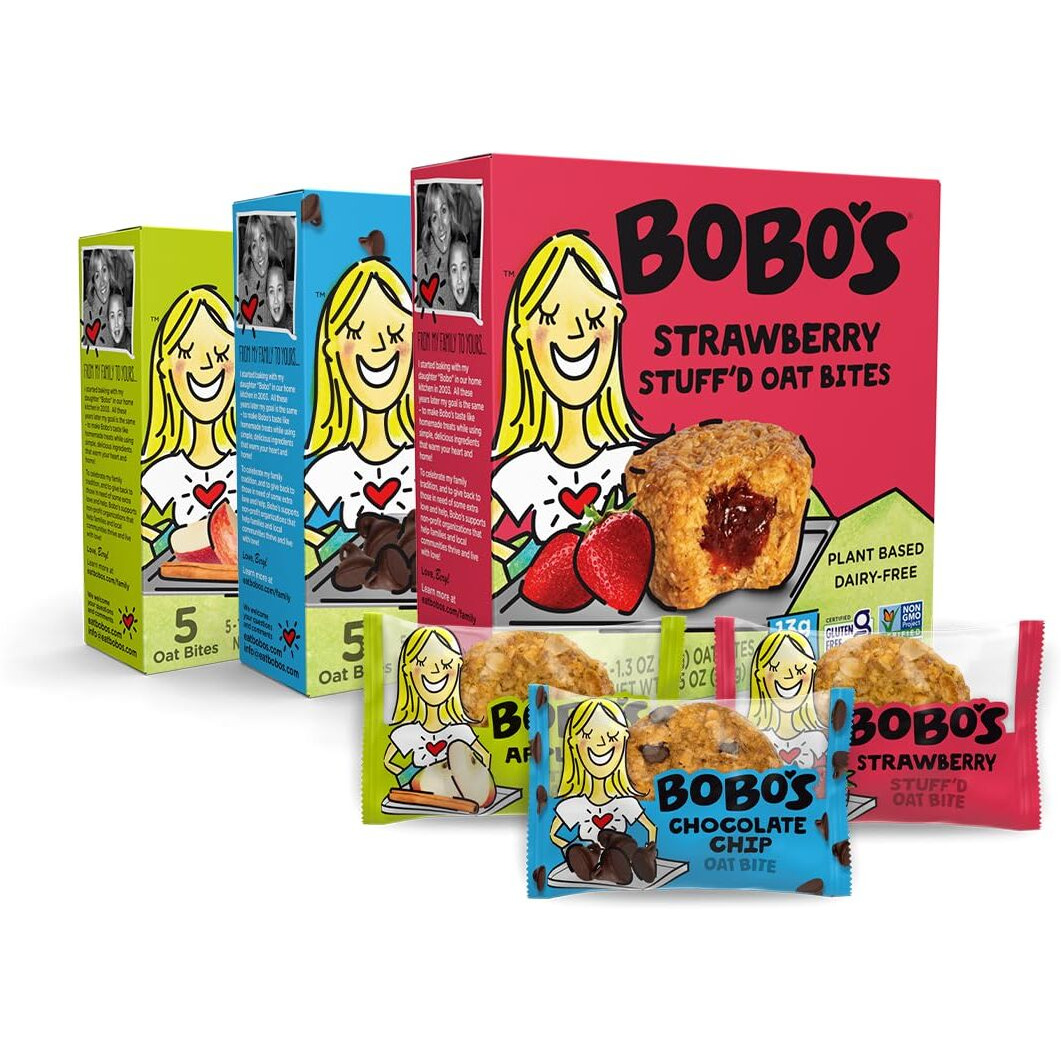 Bobo's Oat Bites Stuff'D Variety Pack (Strawberry, Original Chocolate Chip, And Apple Pie), Pack Of 30 (1.3 Oz Bites), Gluten Free Whole Grain Rolled Oats