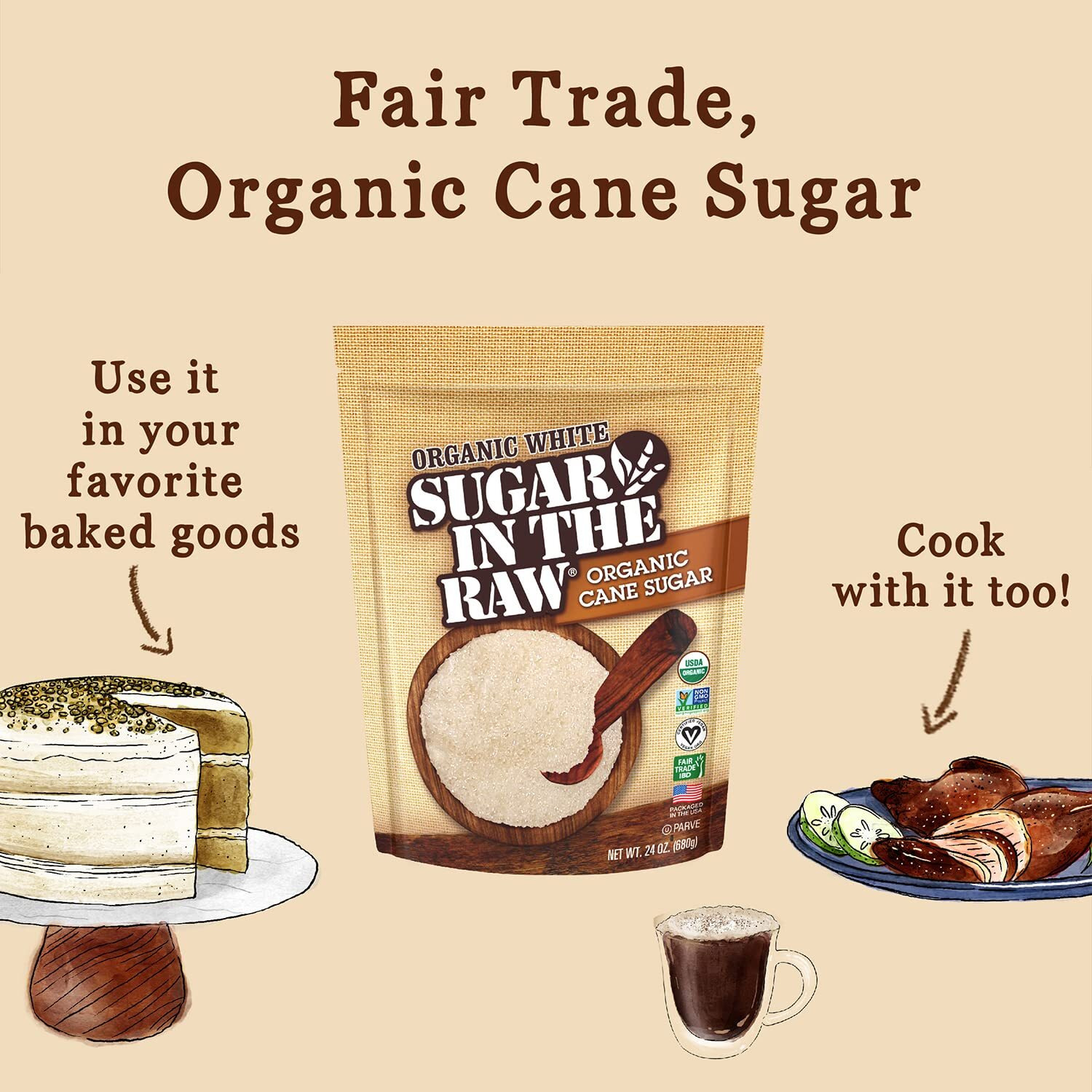 Sugar In The Raw Organic Granulated White Premium Cane Sugar, Pure Natural Sweetener, Hot & Cold Drinks, Coffee, Cooking, Baking, Vegan, Gluten-Free, Non-Gmo, Bulk Sugar, 24 Oz Bag (1-Pack)