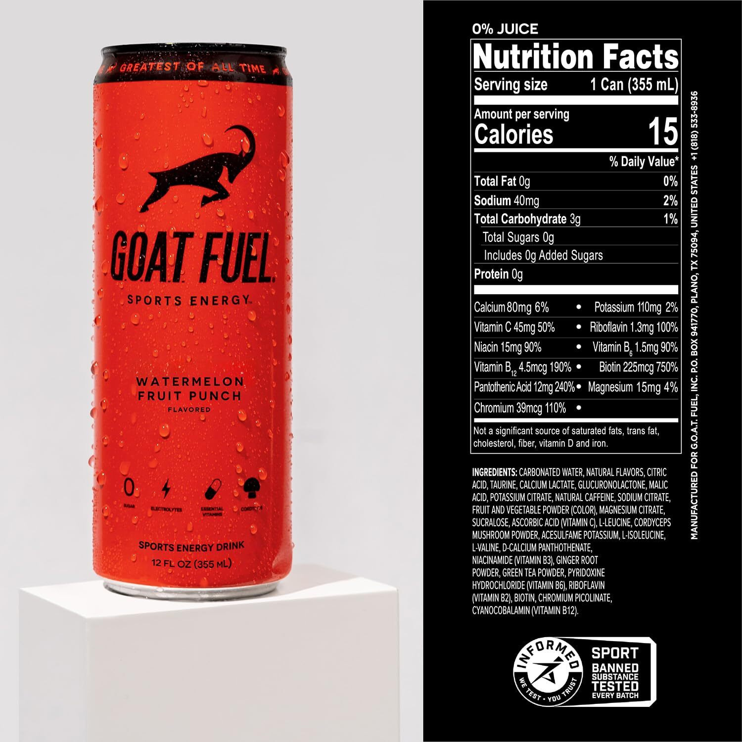 New G.O.A.T. Fuel Energy Drink - Sugar-Free Pre-Workout Energy- Increase Mental And Physical Performance - With Cordyceps Mushrooms, Bcaas And Electrolytes (Pack Of 12) (Watermelon Fruit Punch)