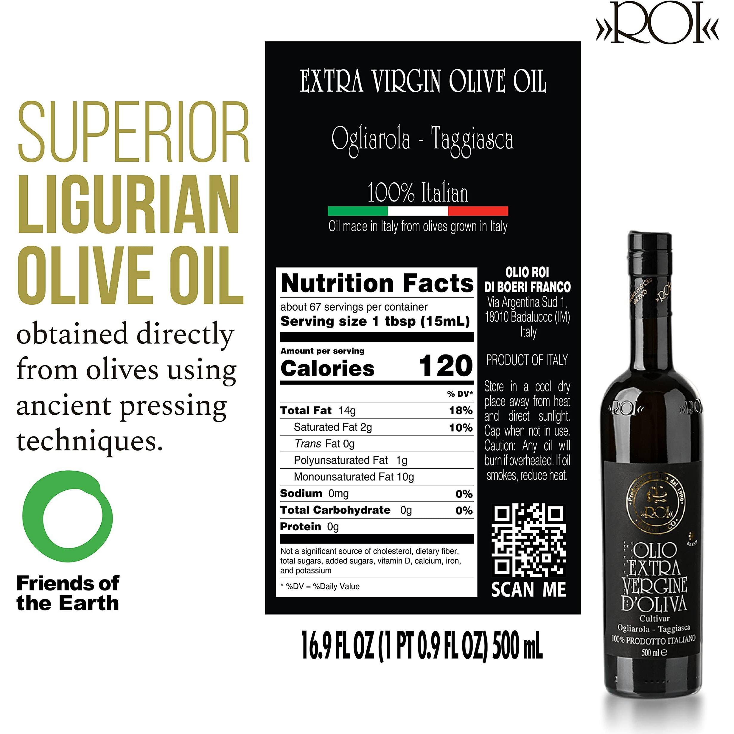 Roi Ligurian Italian Extra Virgin Olive Oil - First Cold Pressed Evoo, Fresh Harvest - Ogliarola-Taggiasca Ligurian Olives - Polyphenol Rich Olive Oil From Liguria Italy - 17 Fl Oz (500Ml)