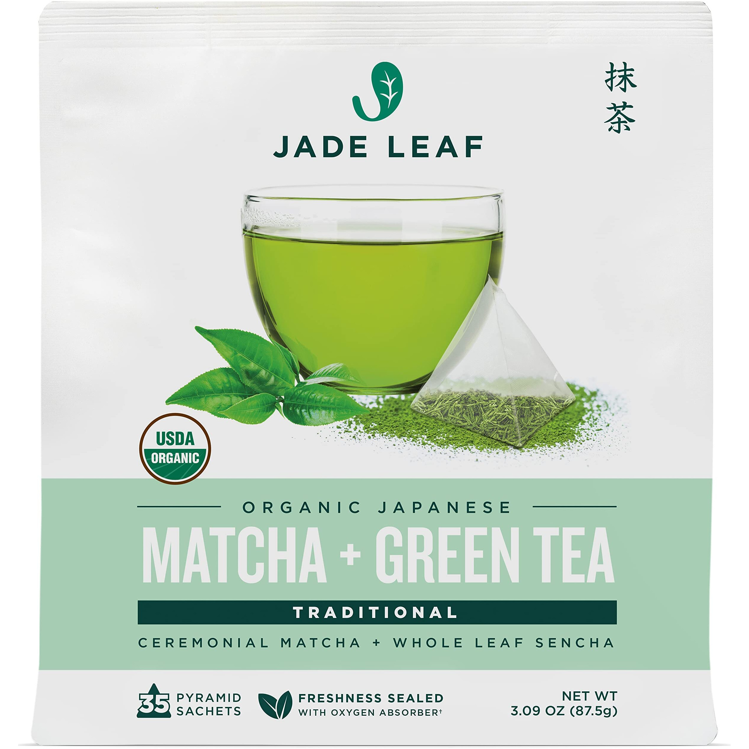 Jade Leaf Matcha Organic Matcha + Green Tea Bags - Traditional - Ceremonial Matcha + Whole Leaf Sencha - Authentic Japanese Origin (35 Pyramid Sachets)