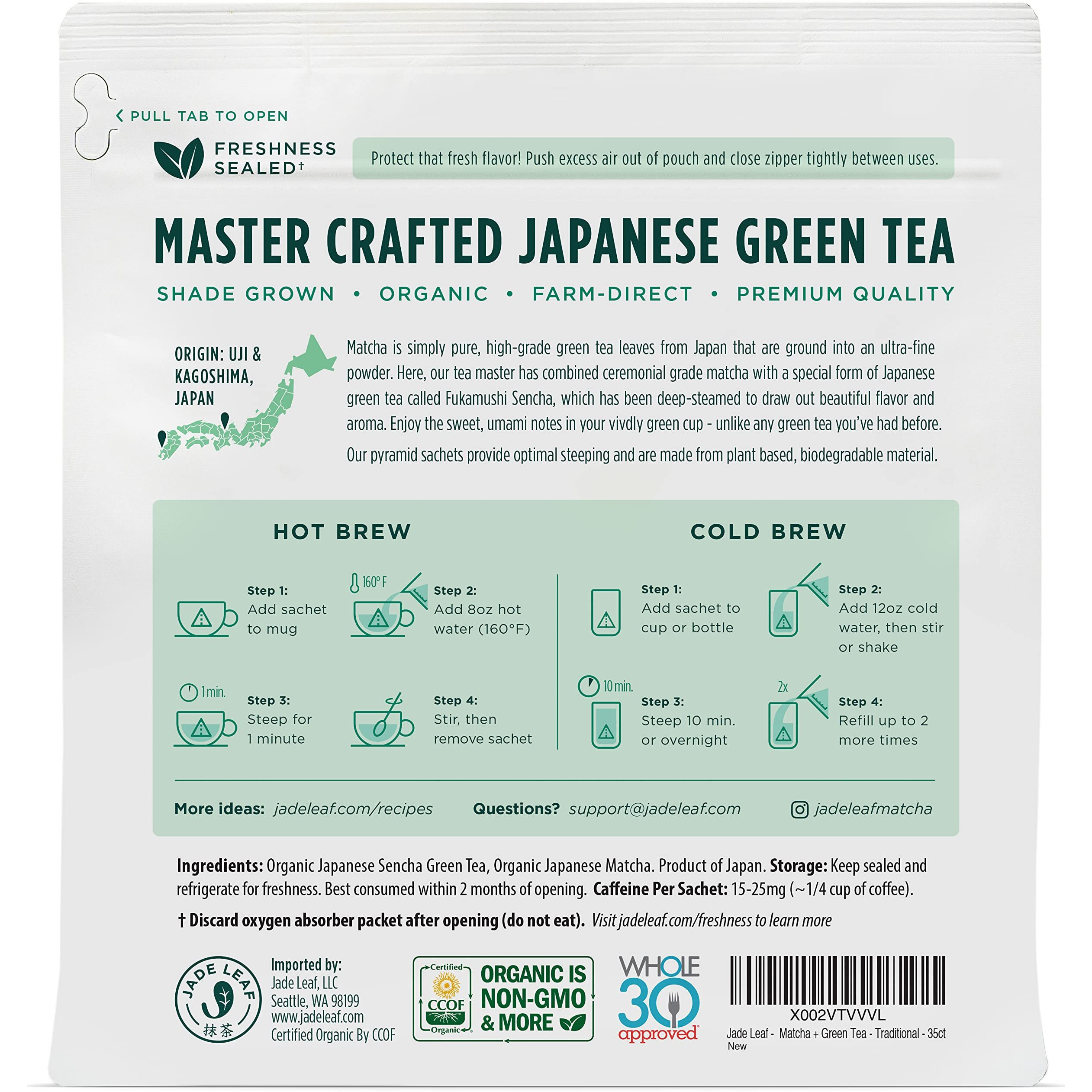 Jade Leaf Matcha Organic Matcha + Green Tea Bags - Traditional - Ceremonial Matcha + Whole Leaf Sencha - Authentic Japanese Origin (35 Pyramid Sachets)