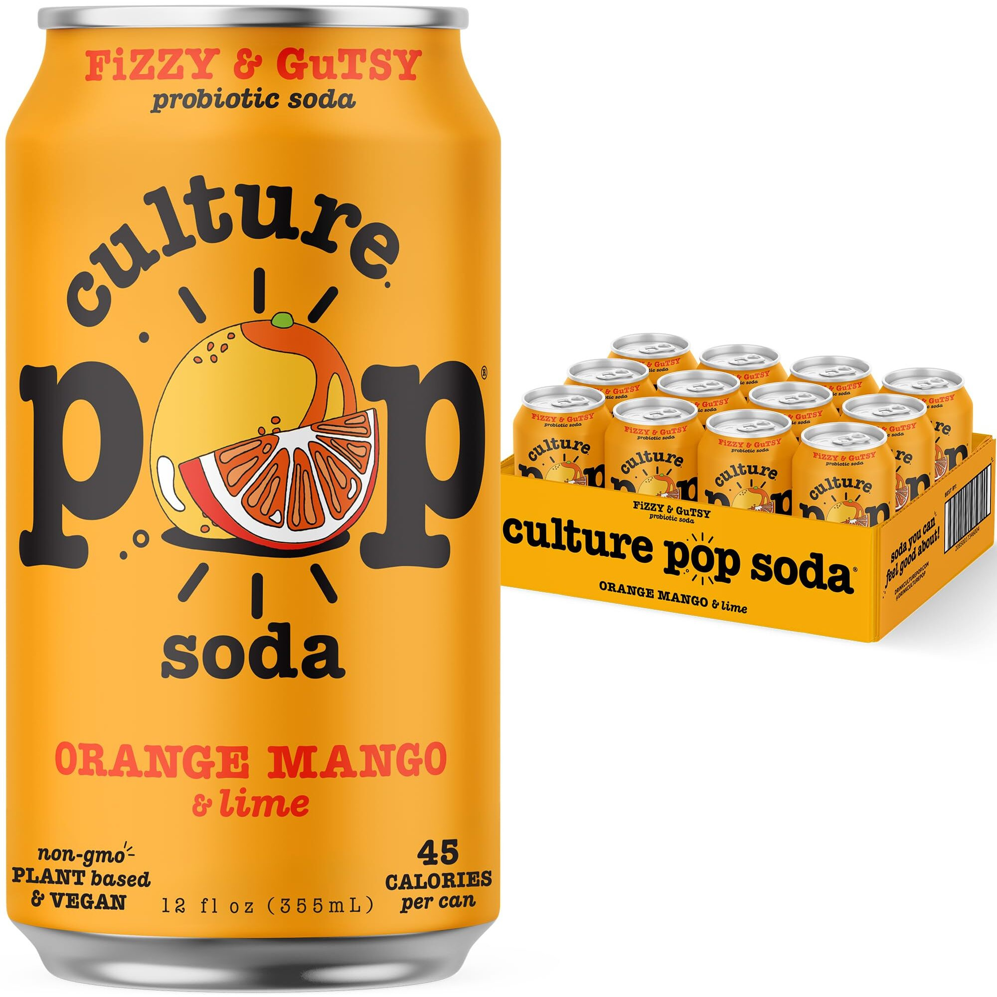 Culture Pop Soda Sparkling Probiotic Drink, Vegan Soda For Gut Health, Non-Gmo, Gf, No Added Sugar, 12 Pack, 12 Fl Oz Cans, Orange Mango