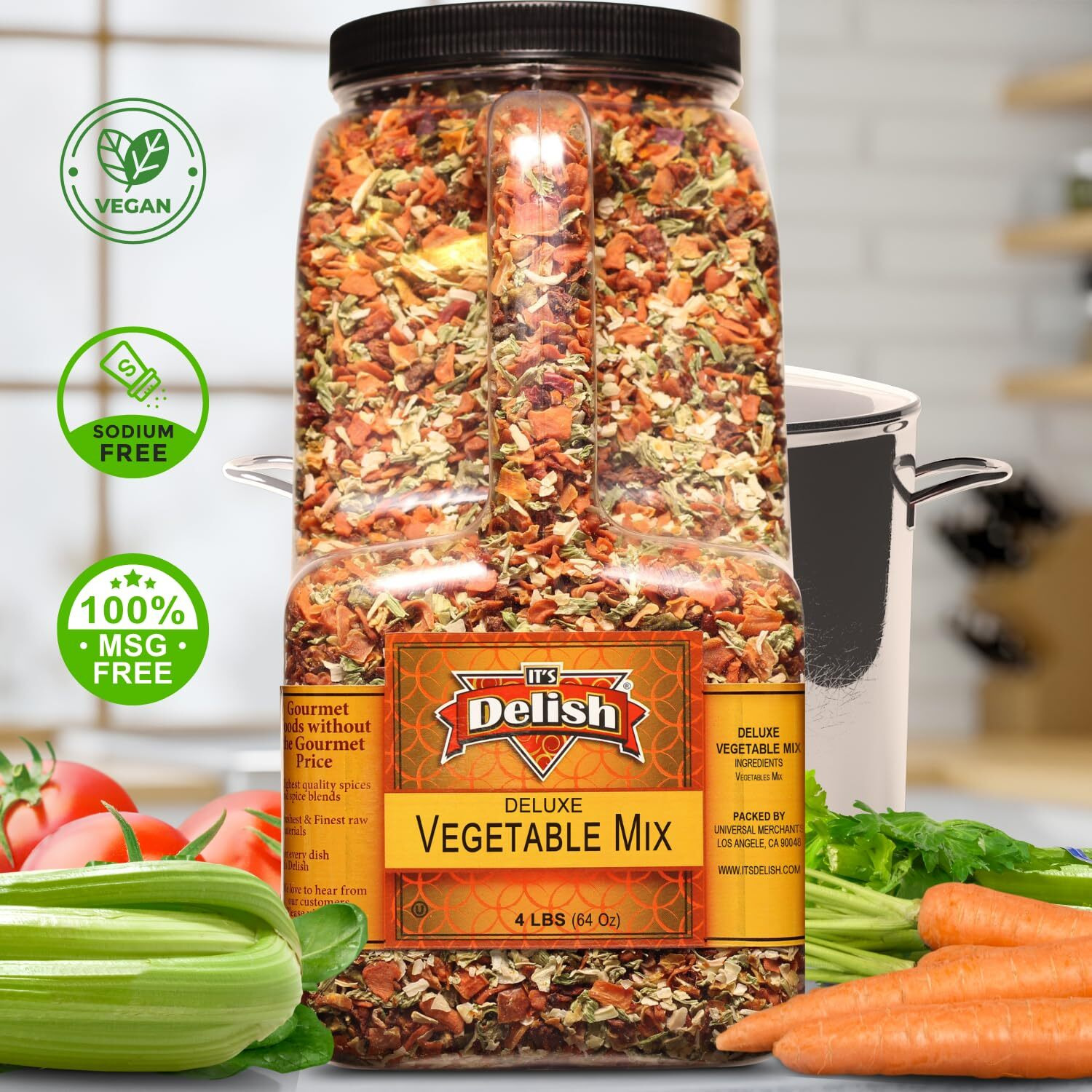 Deluxe Dried Vegetable Soup Mix By Its Delish, 4 Lb Restaurant Gallon Size Jug With Handle | Premium Blend Of Dehydrated Vegetables | Cooking, Camping, Emergency Food Supply - No Msg, Vegan, Kosher