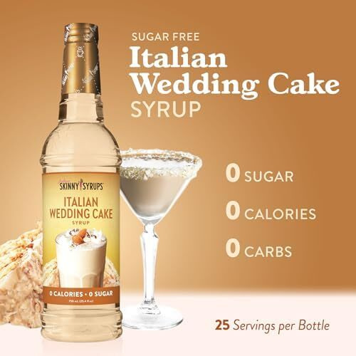 Jordan's Skinny Syrups Sugar Free Coffee Syrup, Italian Wedding Cake Syrup Flavor, Zero Calorie Flavoring For Latte, Protein Shake, Cocktail & More, Gluten Free, Keto Friendly, 25.4 Fl Oz, 1 Pack