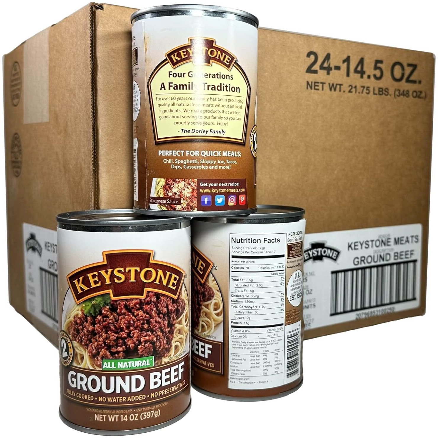 Keystone All Natural Ground Beef 14 Ounce Long Term Emergency Survival Food Canned Meat | Fully Cooked Ready To Eat | Gluten Free Family Pack Of 24