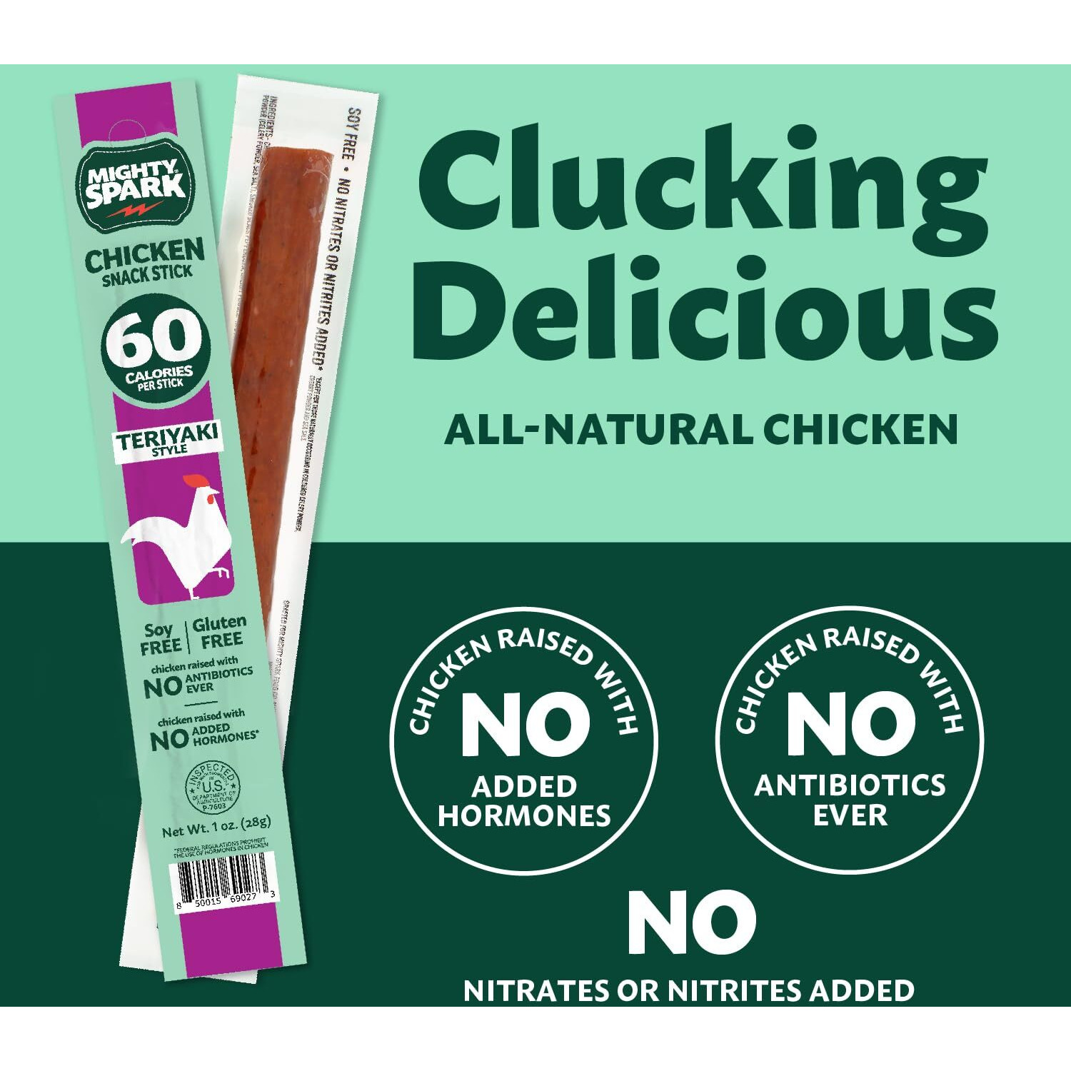 Mighty Spark Chicken Snack Sticks - Teriyaki - 5G Of Protein, No Hormones Added, Gluten Free, Soy Free Meat Sticks - High Protein Keto Snacks, Weight Watchers Approved Snacks - 48 Count