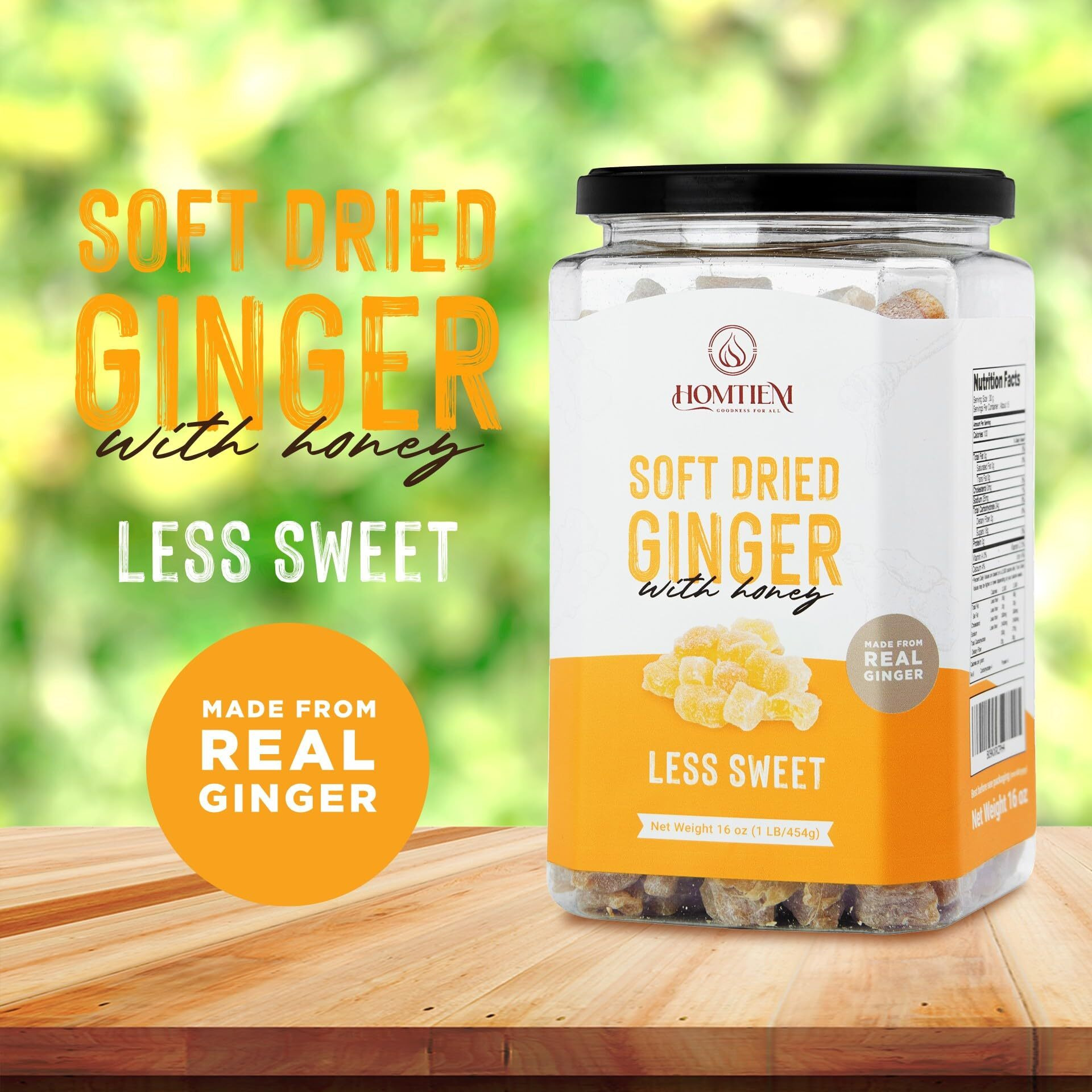 Homtiem Dried Crystallized Ginger Less Sweet ( 16 Ounce) Real Soft, Chews And Candied Delicious Pieces Gingers, Perfect For Baking And Nausea Relief, Easy To Eat, Keep And Use, Chunks And Slices, No Artificial Colors, All-Natural And Preservative-Free(1 Lb)
