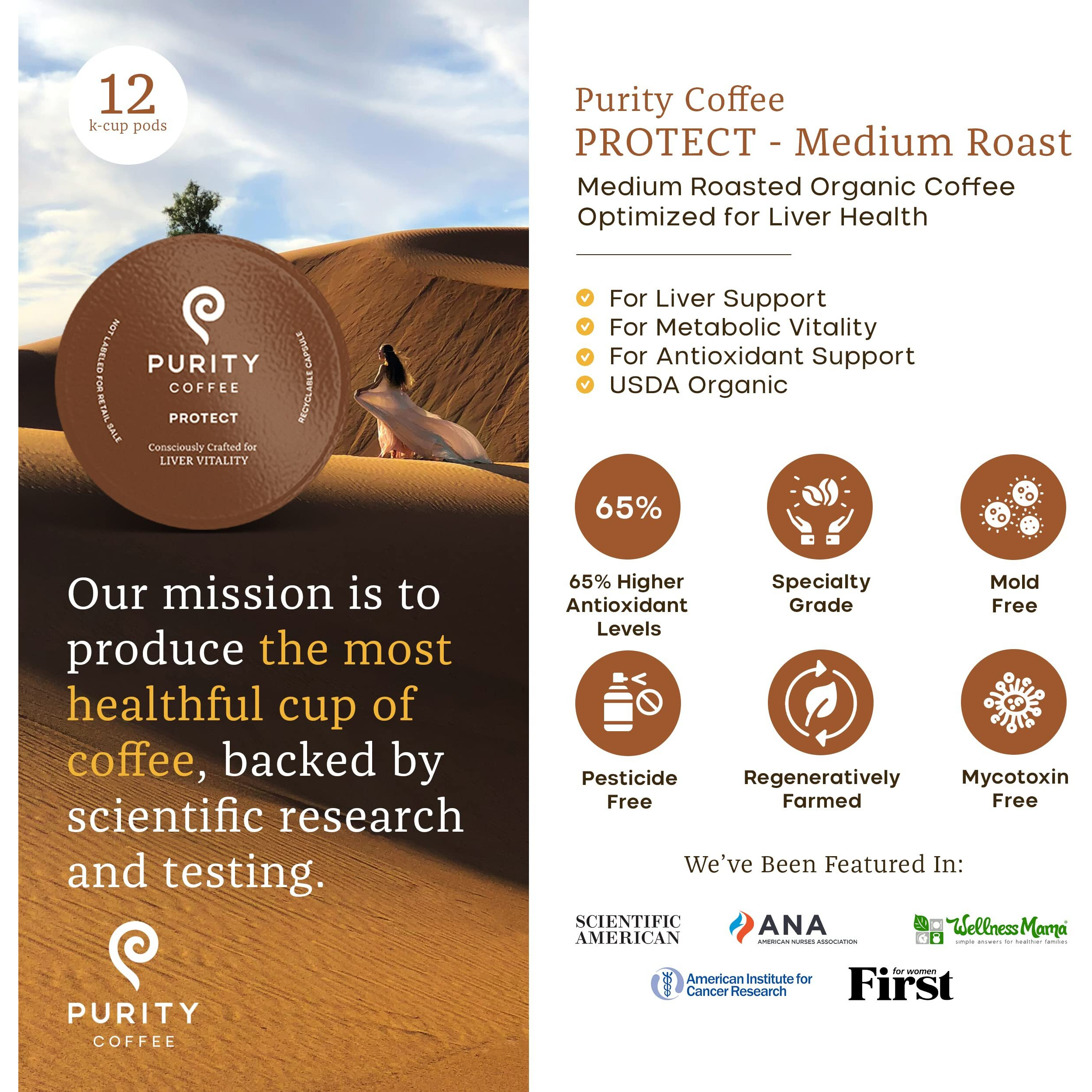 Purity Coffee Protect Highest Antioxidant Light-Medium Roast - Usda Certified Organic Specialty Grade Arabica Single-Serve Coffee Pods - Third Party Tested For Mold, Mycotoxins, Pesticides - 12 Ct Box