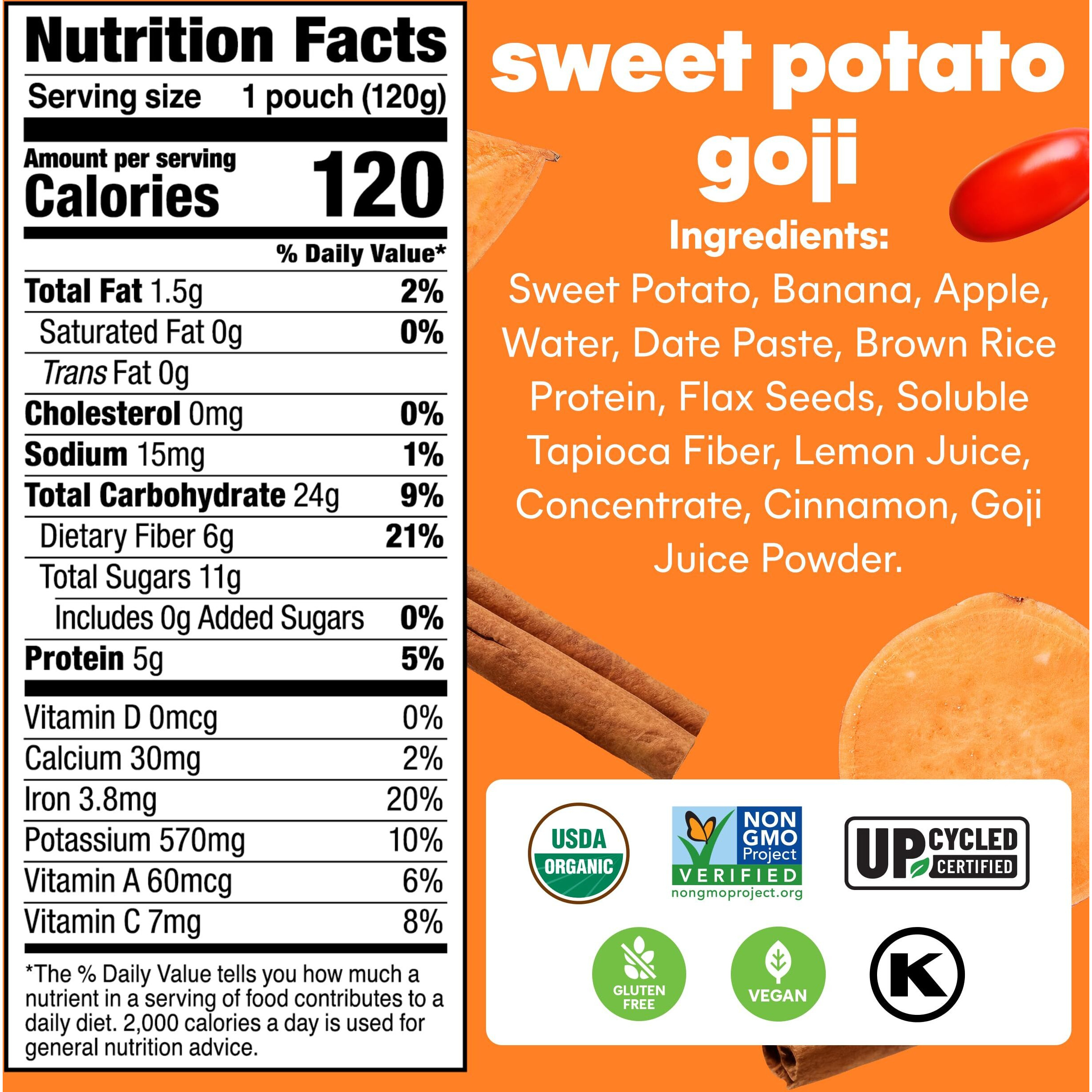 Noka Superfood Fruit Smoothie Pouches, Sweet Potato Goji, Healthy Snacks With Flax Seed, Plant Protein And Prebiotic Fiber, Vegan And Gluten Free Snacks, Organic Squeeze Pouch, 4.22 Oz, 12 Count