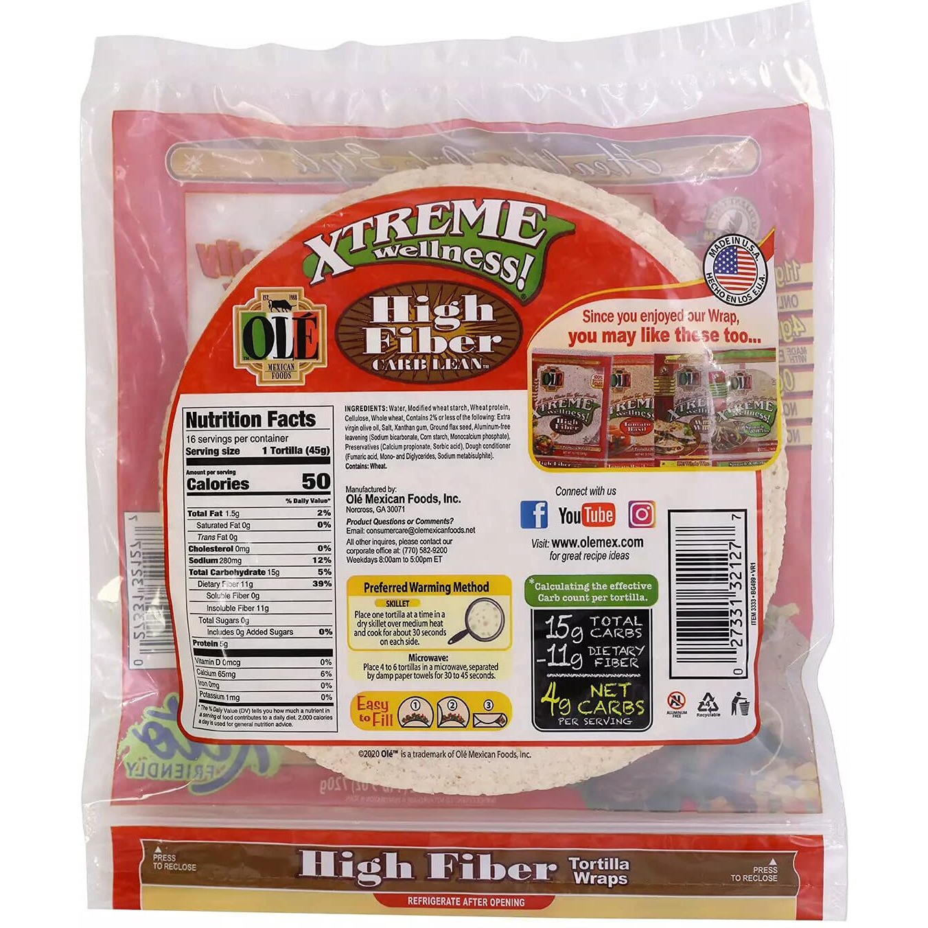 Ole Mexican Foods Xtreme Wellness High Fiber Low Carb Keto Friendly - 16 Tortilla Wraps (Pack Of 2) 32 Total Wraps