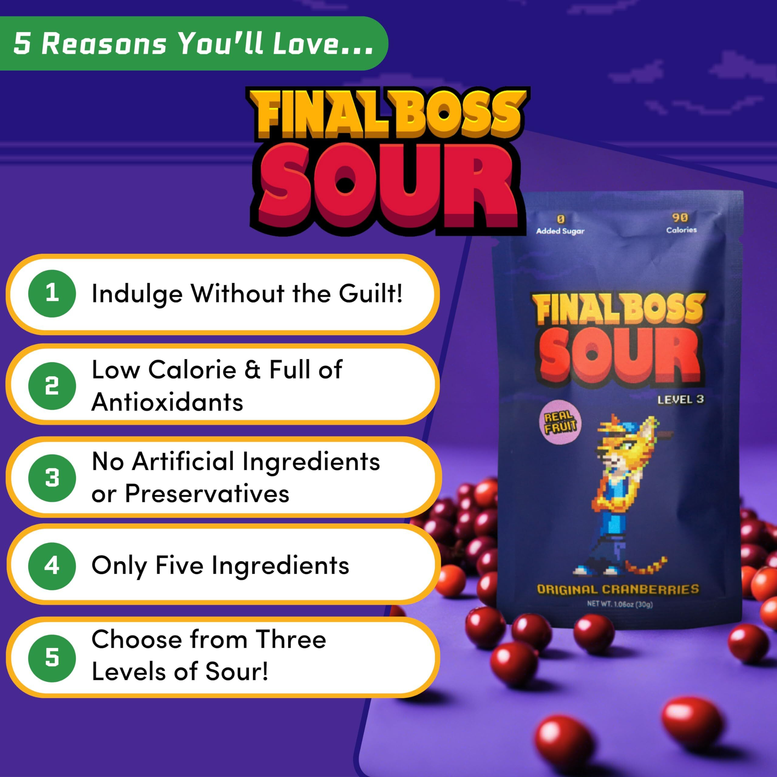 Final Boss Extremely Super Sour Candy, Natural Chewy Cranberry Gummies Made With Dried Fruit, Free Of Artificial Colors, Low Calorie Healthy Snack For Kids & Adults, 1.06Oz, 10 Pack (Lvl 3 Sourness)