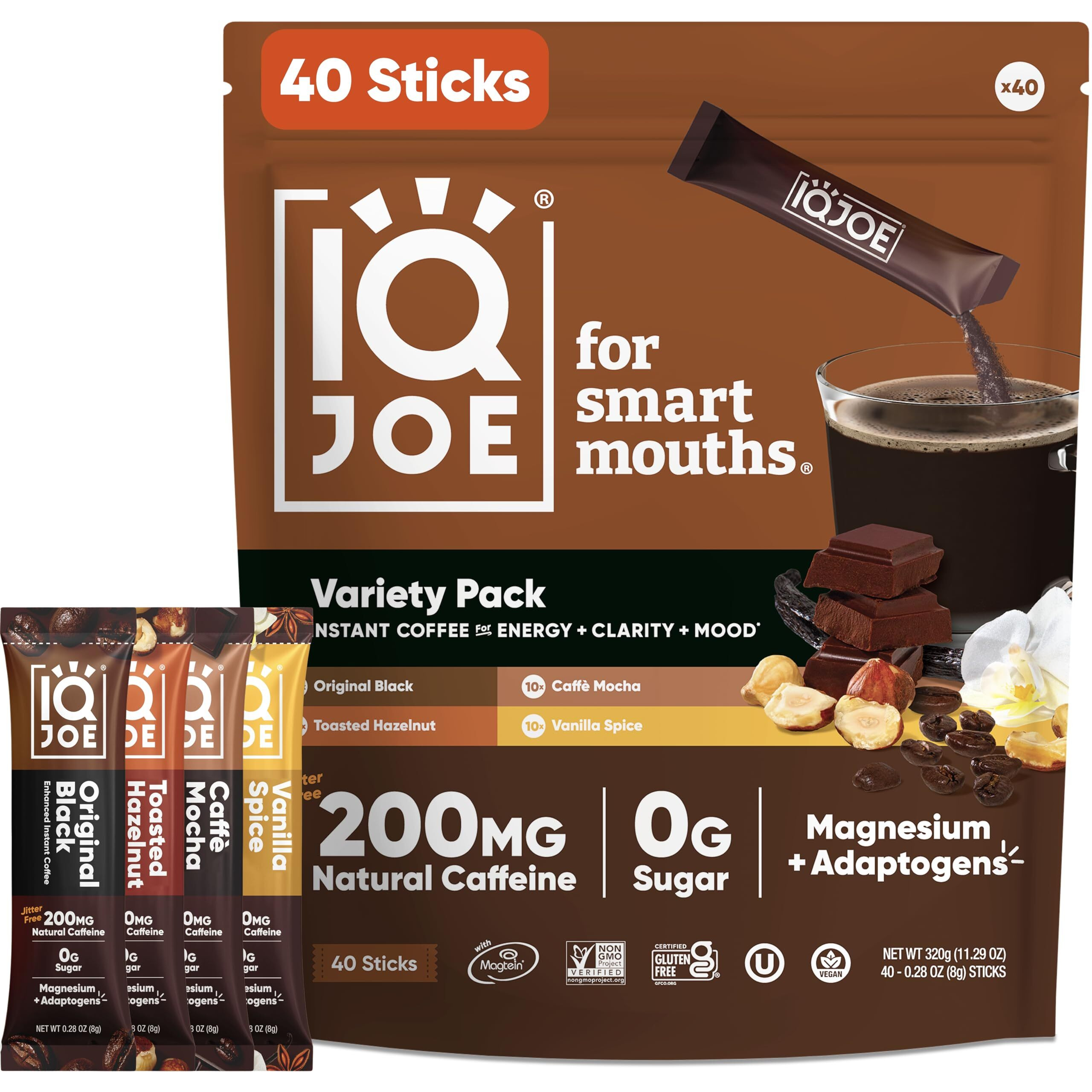 Iqjoe Instant Mushroom Coffee Packets With Lions Mane And Magtein Magnesium L-Threonate - New Variety Pack - Clarity And Mood Enhancing - Sugar Free, Keto, Vegan - 200Mg Natural Caffeine - 40 Count