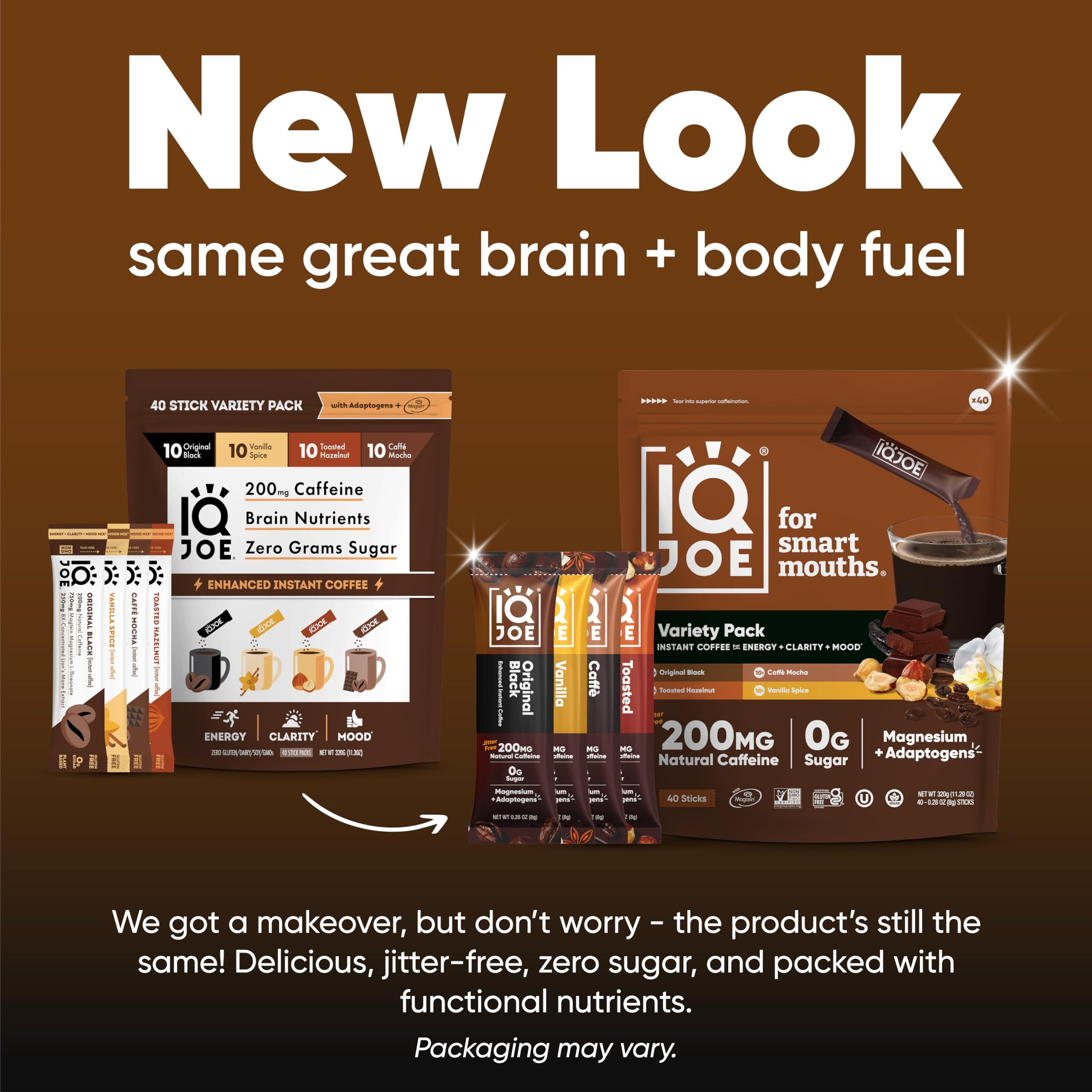 Iqjoe Instant Mushroom Coffee Packets With Lions Mane And Magtein Magnesium L-Threonate - New Variety Pack - Clarity And Mood Enhancing - Sugar Free, Keto, Vegan - 200Mg Natural Caffeine - 40 Count