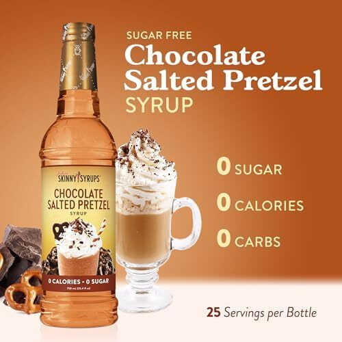 Jordan's Skinny Syrups Sugar Free Coffee Syrup, Chocolate Covered Pretzel Syrup Flavor, Zero Calorie Flavoring For Latte, Protein Shake, Cocktail & More, Gluten Free, Keto Friendly, 25.4 Fl Oz, 1 Pack