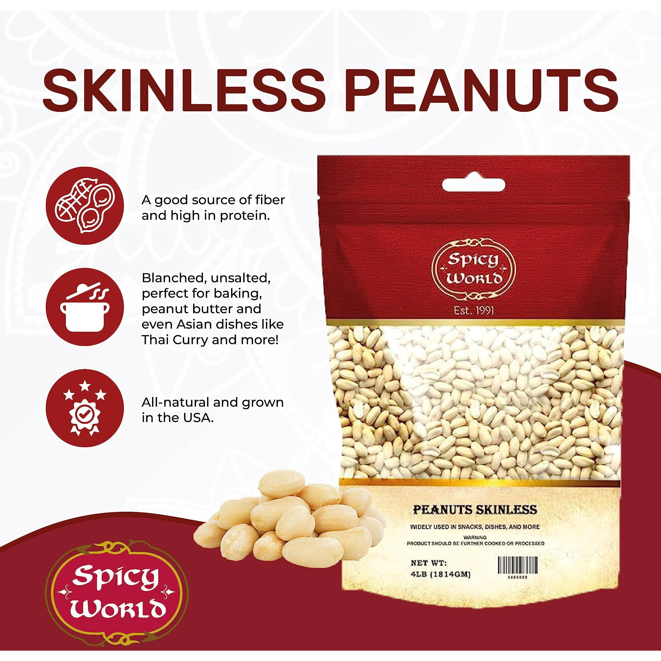 Spicy World Skinless Peanuts, Blanched Raw Peanuts (Uncooked, Unsalted) 4 Pound (64Oz) ~ All Natural Usa Grown
