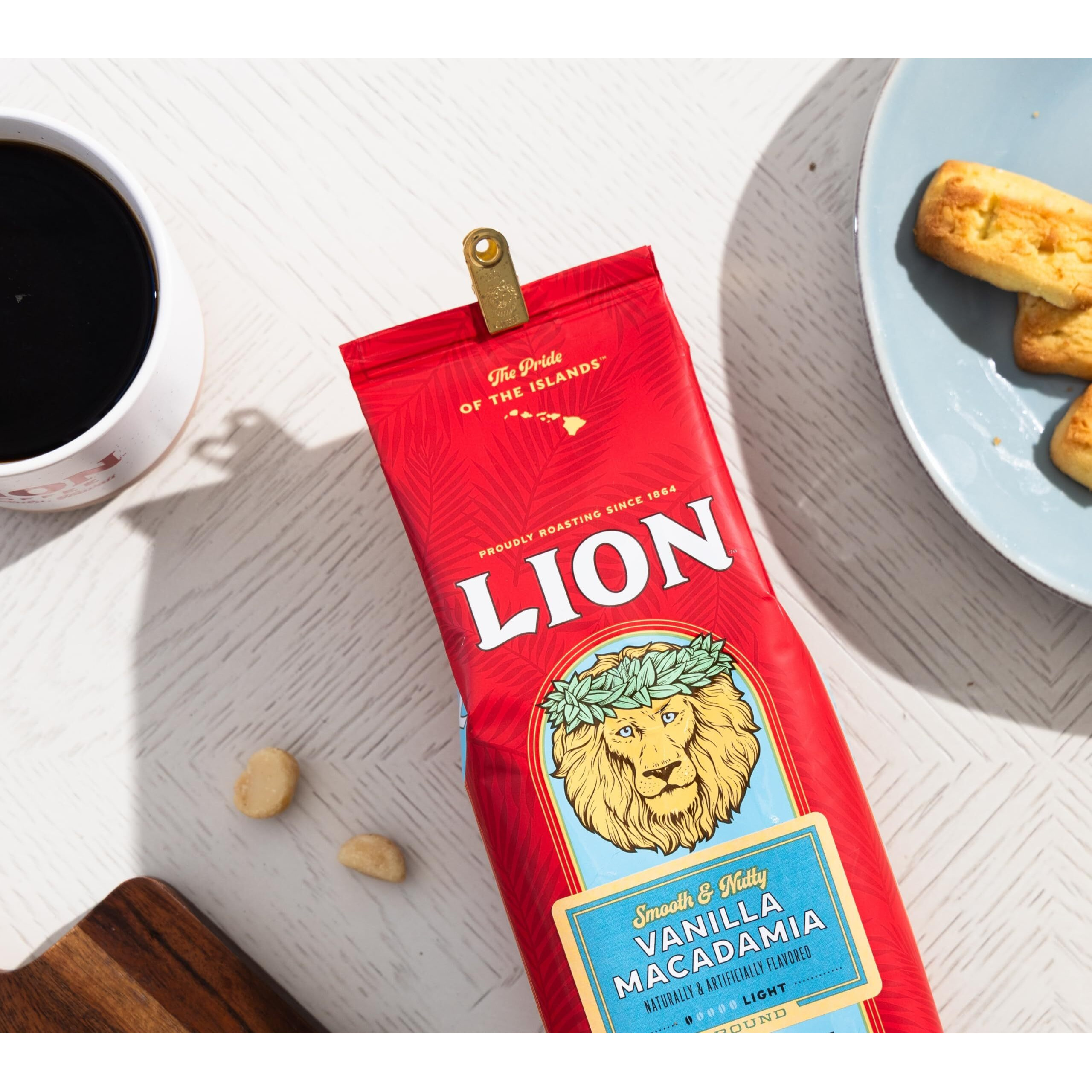 Lion Coffee Vanilla Macadamia Flavored Ground Coffee, Light Roast, Hawaiian Inspired Taste - 24 Ounce Bag